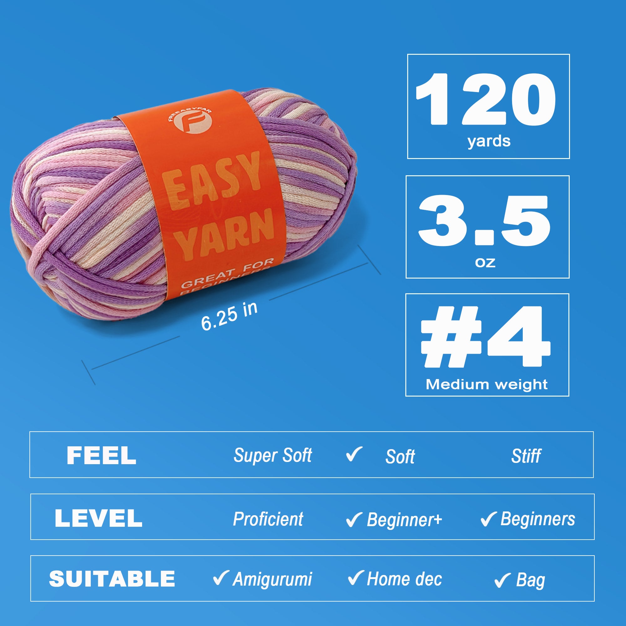 2 Pack Beginner Easy Yarn for Crocheting and Knitting; 2x120 yds Cotton Yarn for Beginner with Easy-to-See Stitches; Medium #4 (Blue+Pink) Freeasyfar