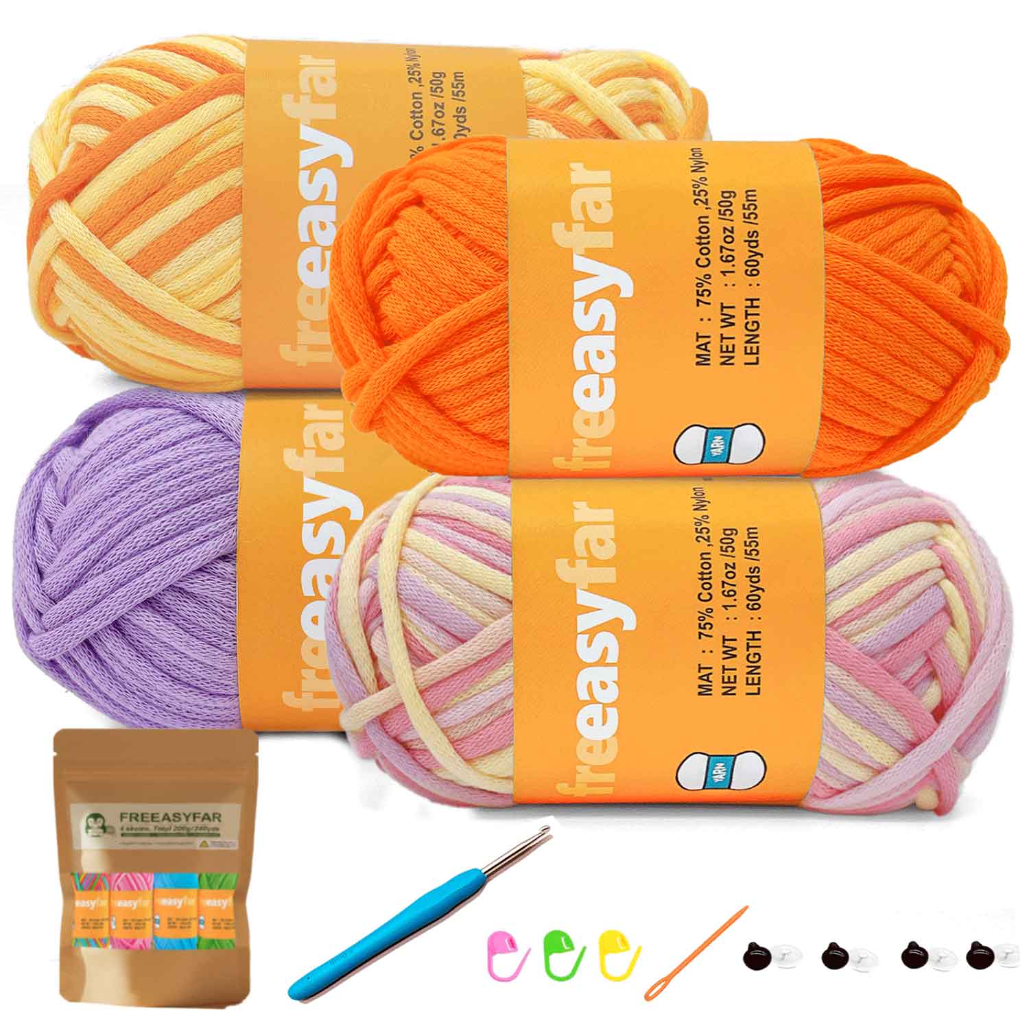 Beginner Crochet kit with Easy-to-See stitches Yarn, Included 3 free crochet pattern  (Orange+Macaron+Yellow+Purple)