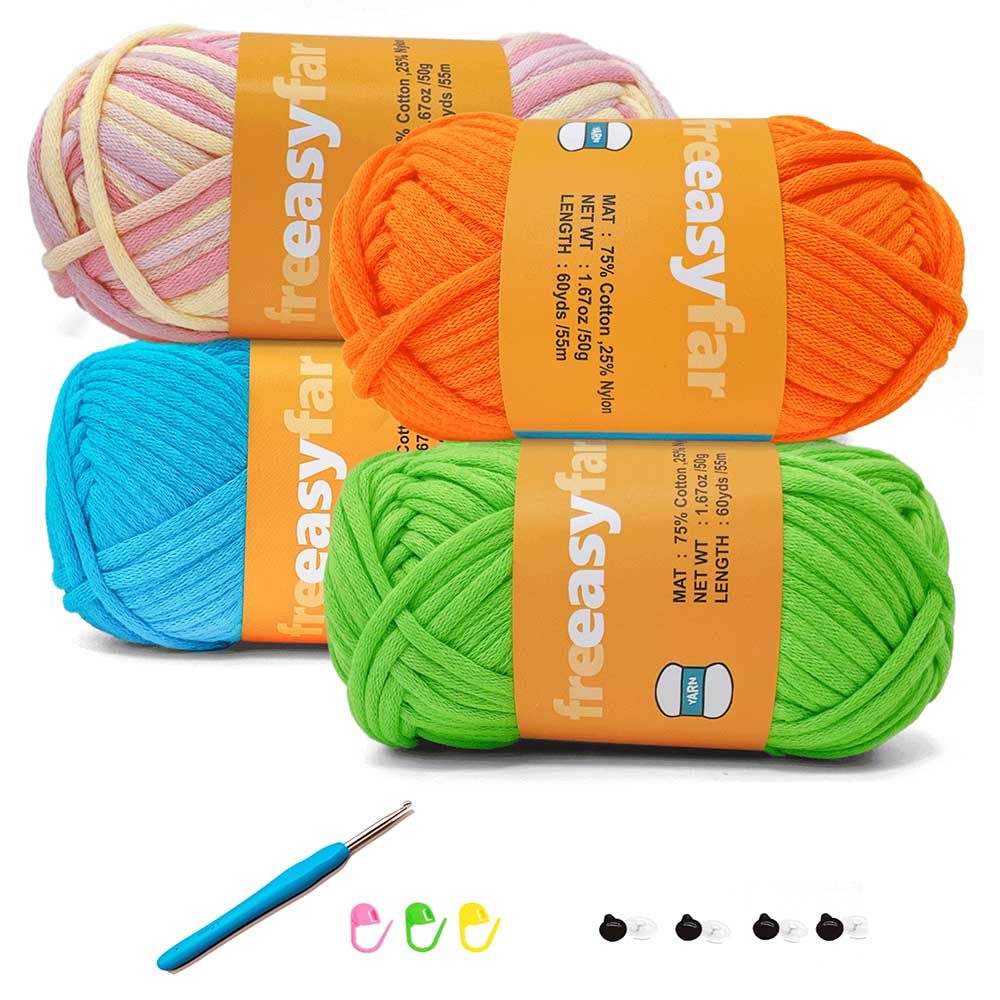Beginner Crochet kit with Easy-to-See stitches Yarn, Included 3 free crochet pattern (Straw Pink+Lawn Green+Rainbow+Azure) Freeasyfar
