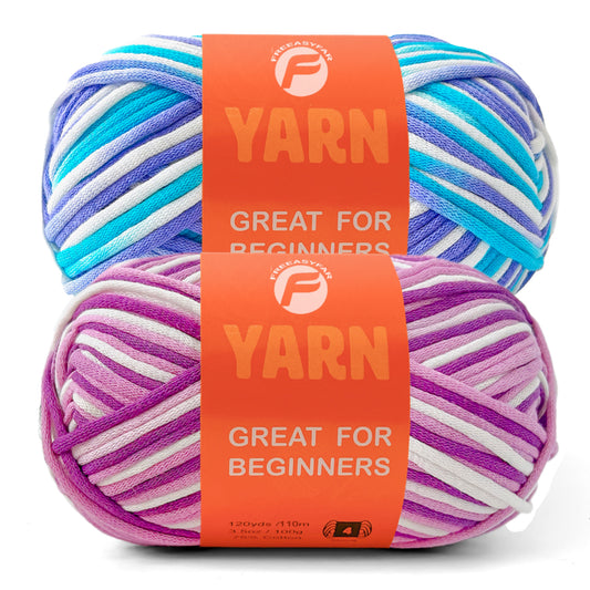2 Pack Beginnner  Easy yarn for Crocheting and Knitting; 2x120 yds Cotton Yarn for Beginner with Easy-to-See Stitches; Medium #4 (Lavender Dreams+Azure wave)
