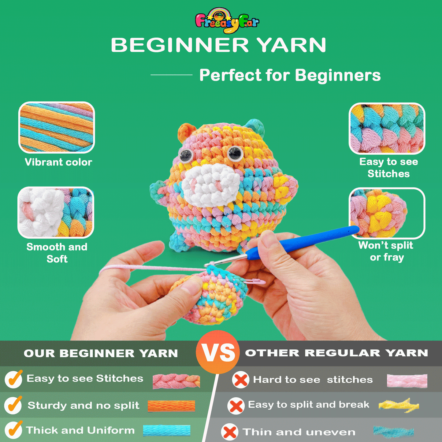 FREEASYFAR 47pcs Beginner Crochet Kit,600 Yards Beginner Easy Yarn,Ergonomic Crochet Hooks (4.0-4.5mm),Crochet Supplies,Step-by-Step Tutorial – All-in-One Kit for Beginners (Solid Color kit-Big)