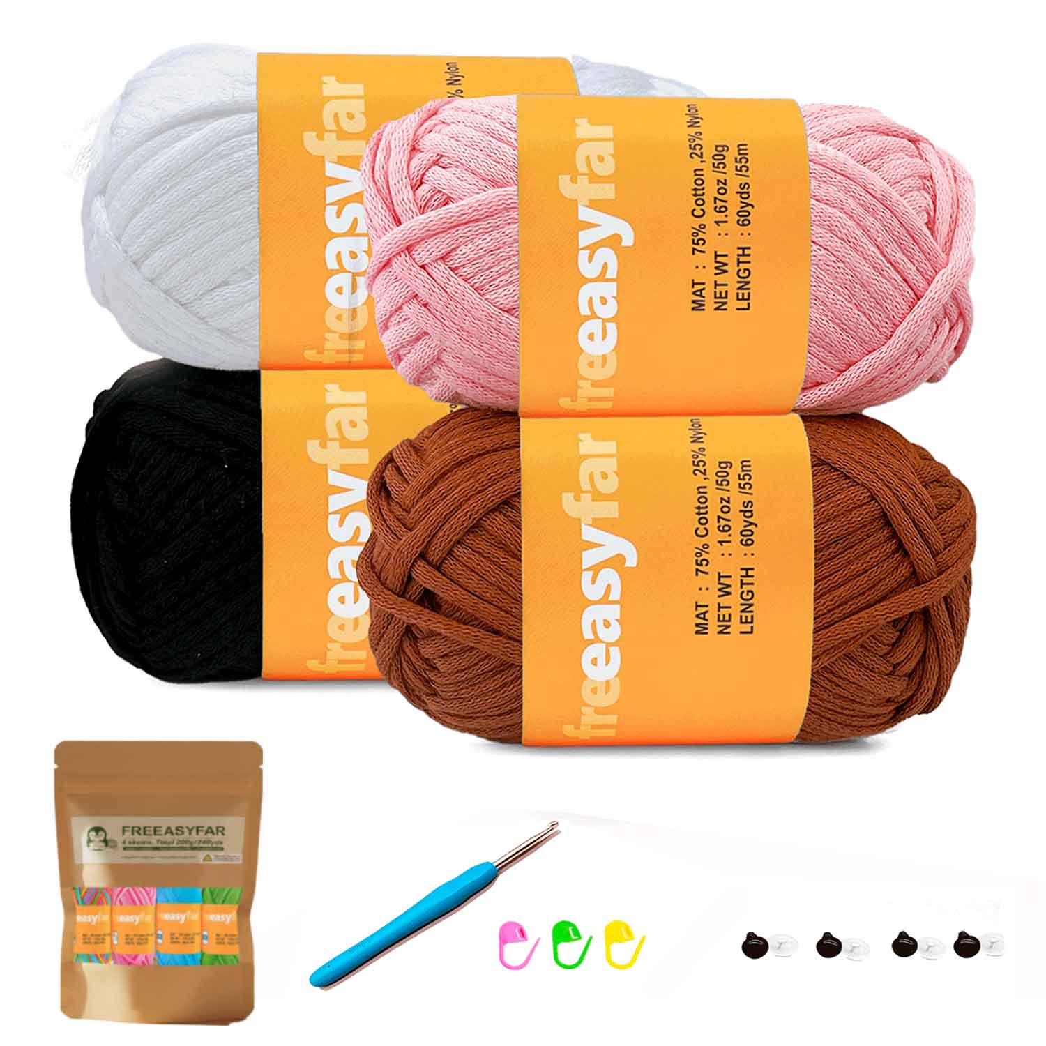 Beginner Crochet kit with Easy-to-See stitches Yarn, Included 3 free crochet pattern  (Pink+Coffee+White+Black)