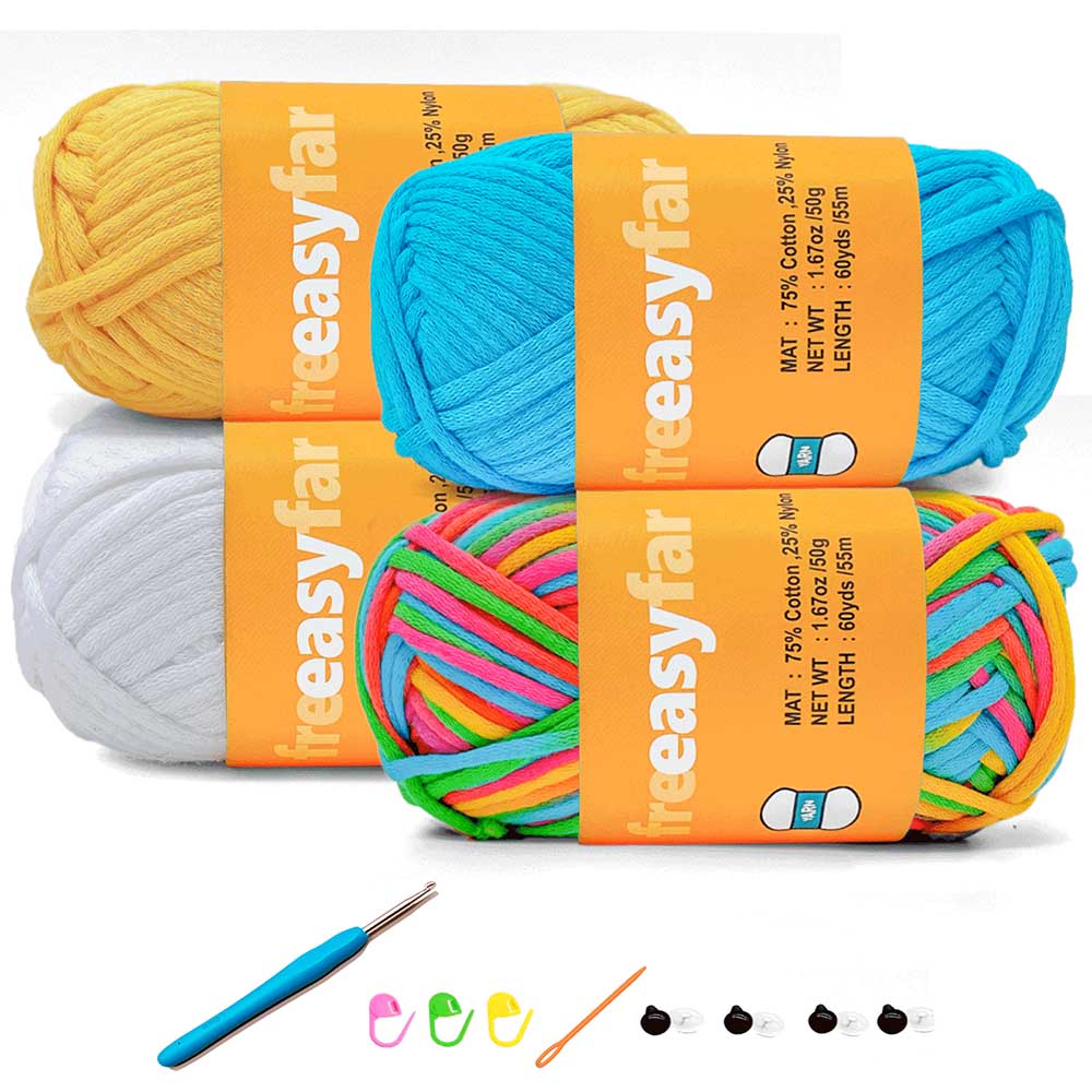 Beginner Crochet kit with Easy-to-See stitches Yarn, Included 3 free crochet pattern (Straw Pink+Lawn Green+Rainbow+Azure) Freeasyfar