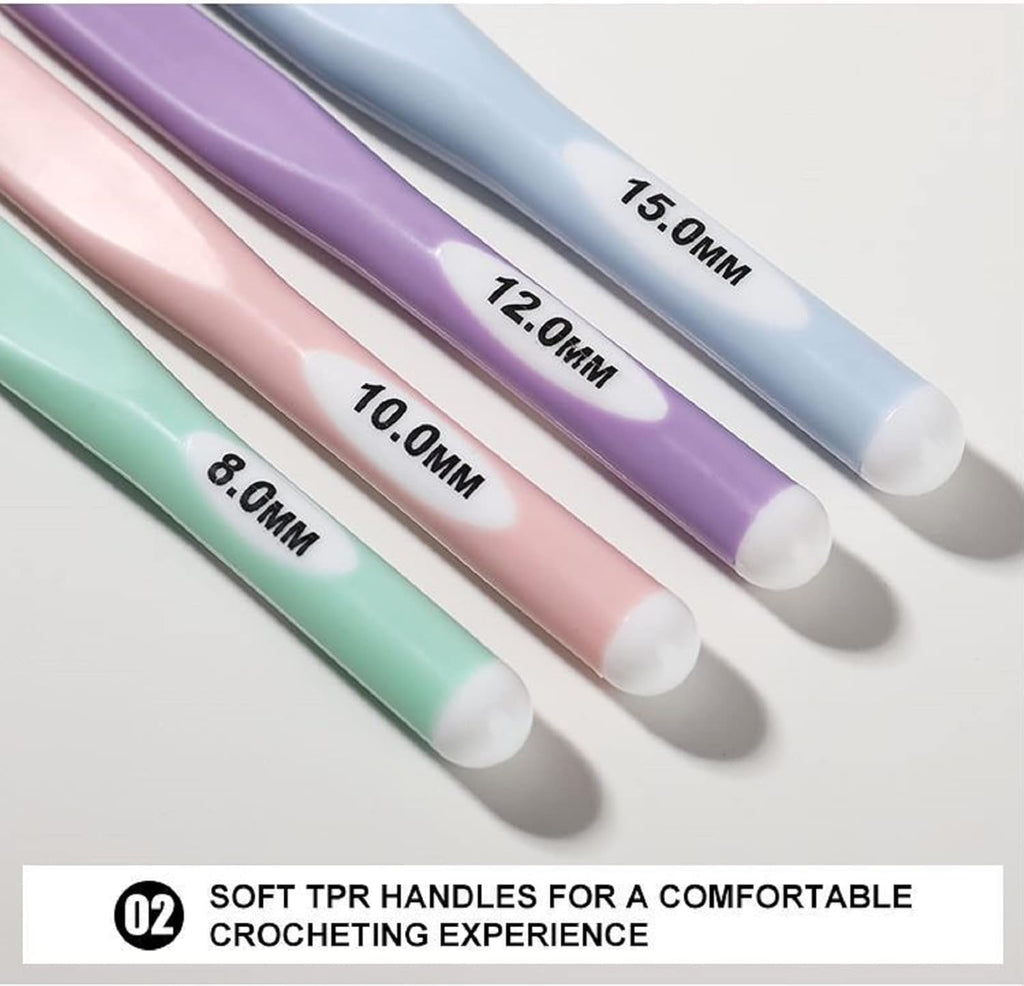 4PCS Large Sizes Crochet Hooks 8mm, 10mm, 12mm, 15mm Rubber Handle Crochet Hook Set Freeasyfar