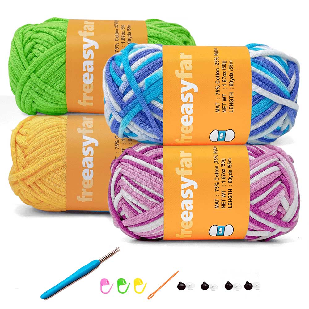 Beginner Crochet kit with Easy-to-See stitches Yarn, Included 3 free crochet pattern (Straw Pink+Lawn Green+Rainbow+Azure) Freeasyfar