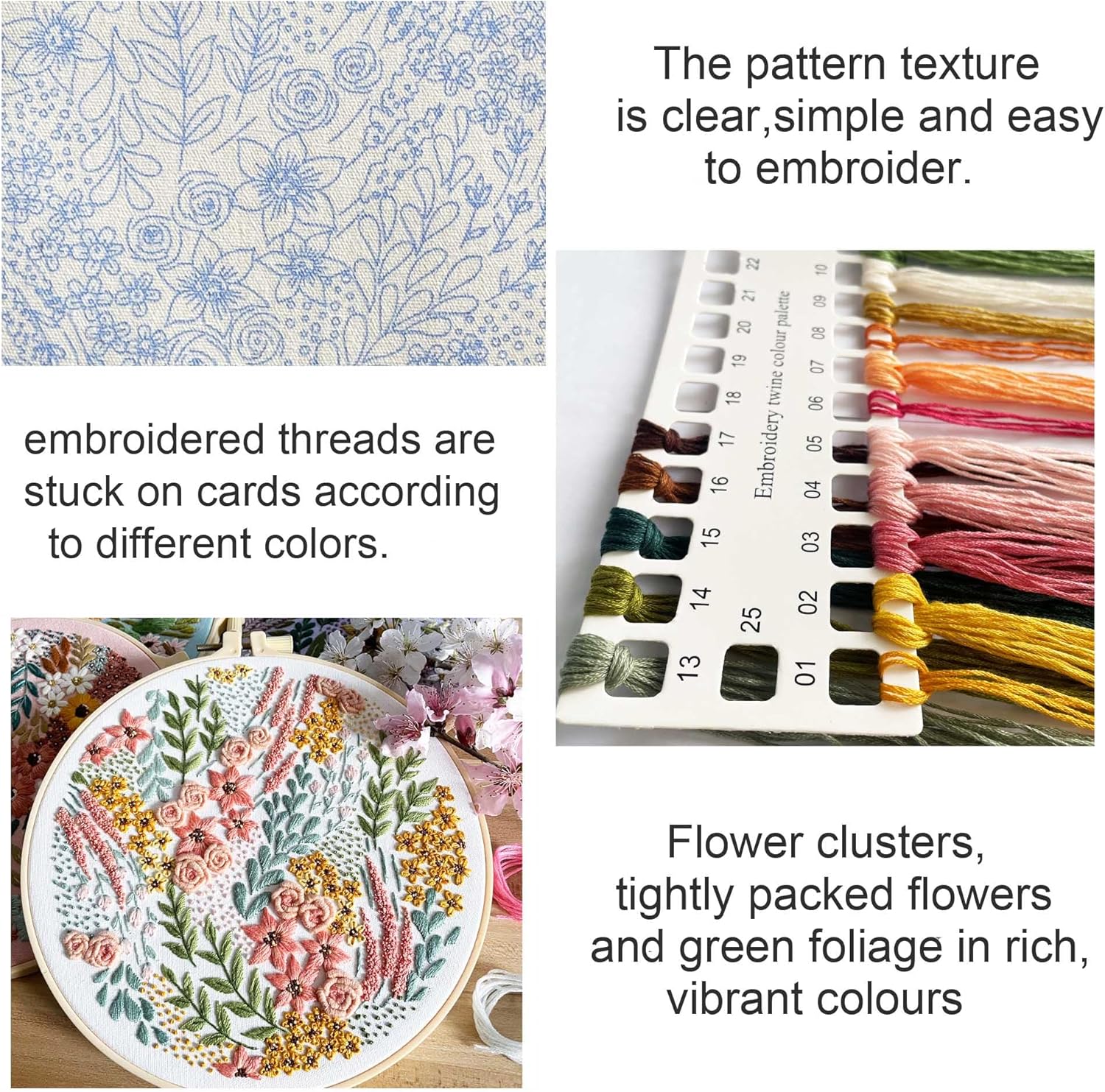 5 Pack Flower Embroidery Kit, Including 5 Sets of Patterned Embroidery Cloth, Rings, Needles,Embroidery Thread, Instructions and Other Tools Freeasyfar