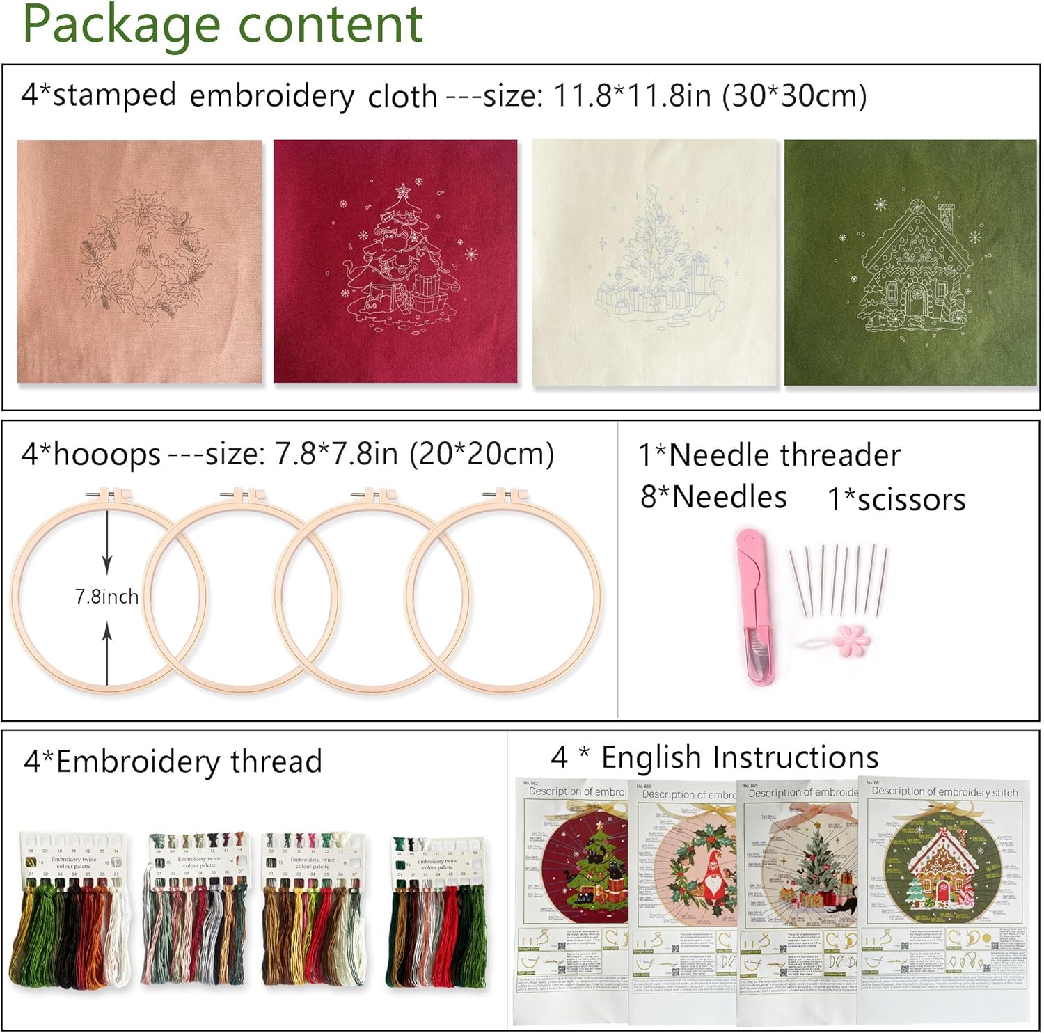 4 Sets Christmas Embroidery Kit with Patterns, Fabric, Floss, Needle, Hoop and Instructions Freeasyfar