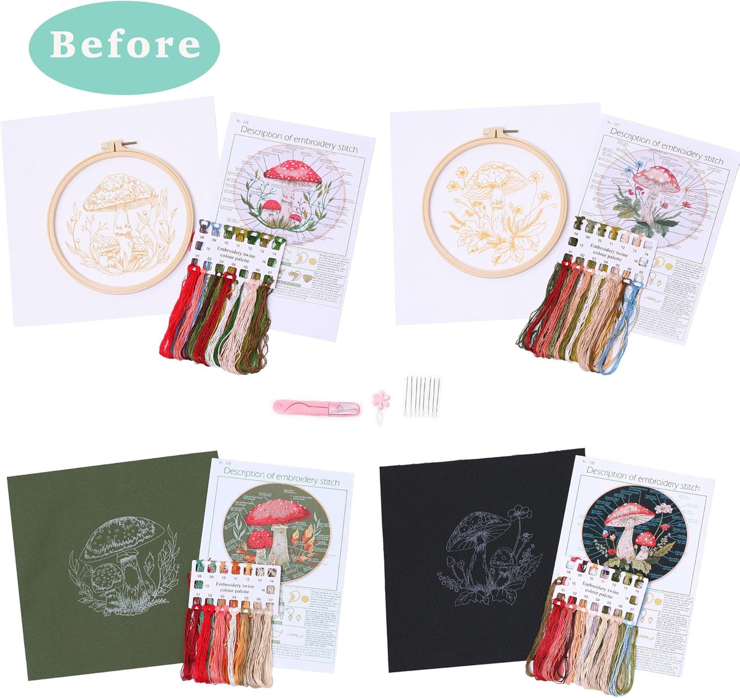 4 pcs of Embroidery Starter kit with Patterns and Instructions