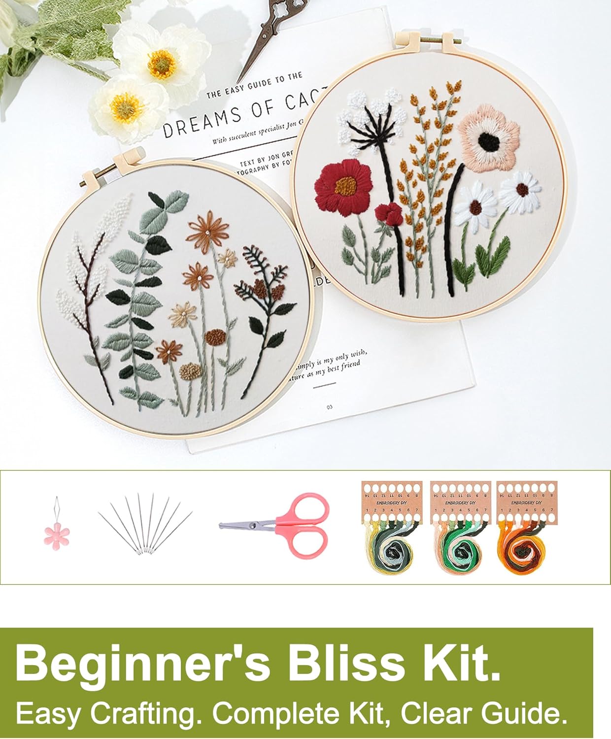 3 Sets Embroidery Kit,Cross Stitch Kits for Beginners,Needlepoint Kits for Adults with Easy Floral Pattern Hand Crafts,Hoop,Needle,Mothers Day Gifts Freeasyfar