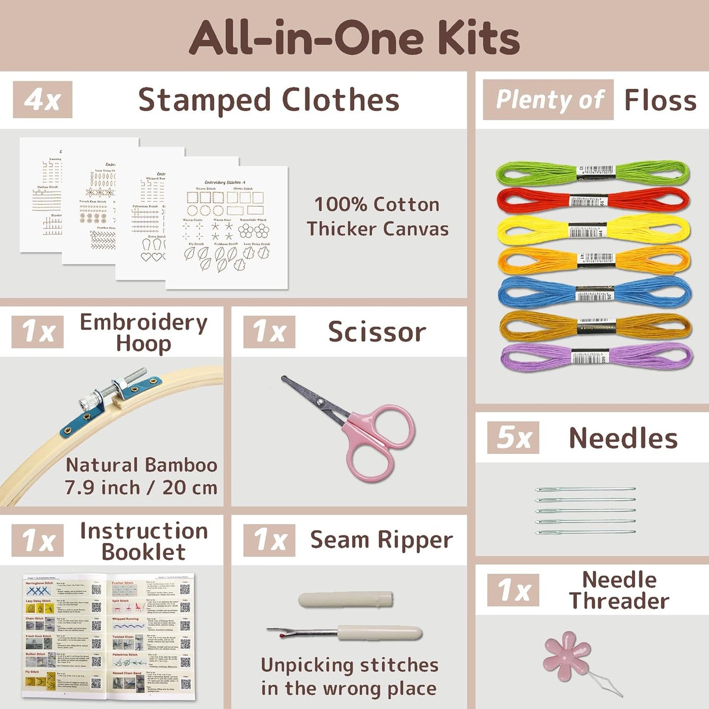 4 Pack Beginner Embroidery Kit for Adults, Hand Embroidery Kit for Kids