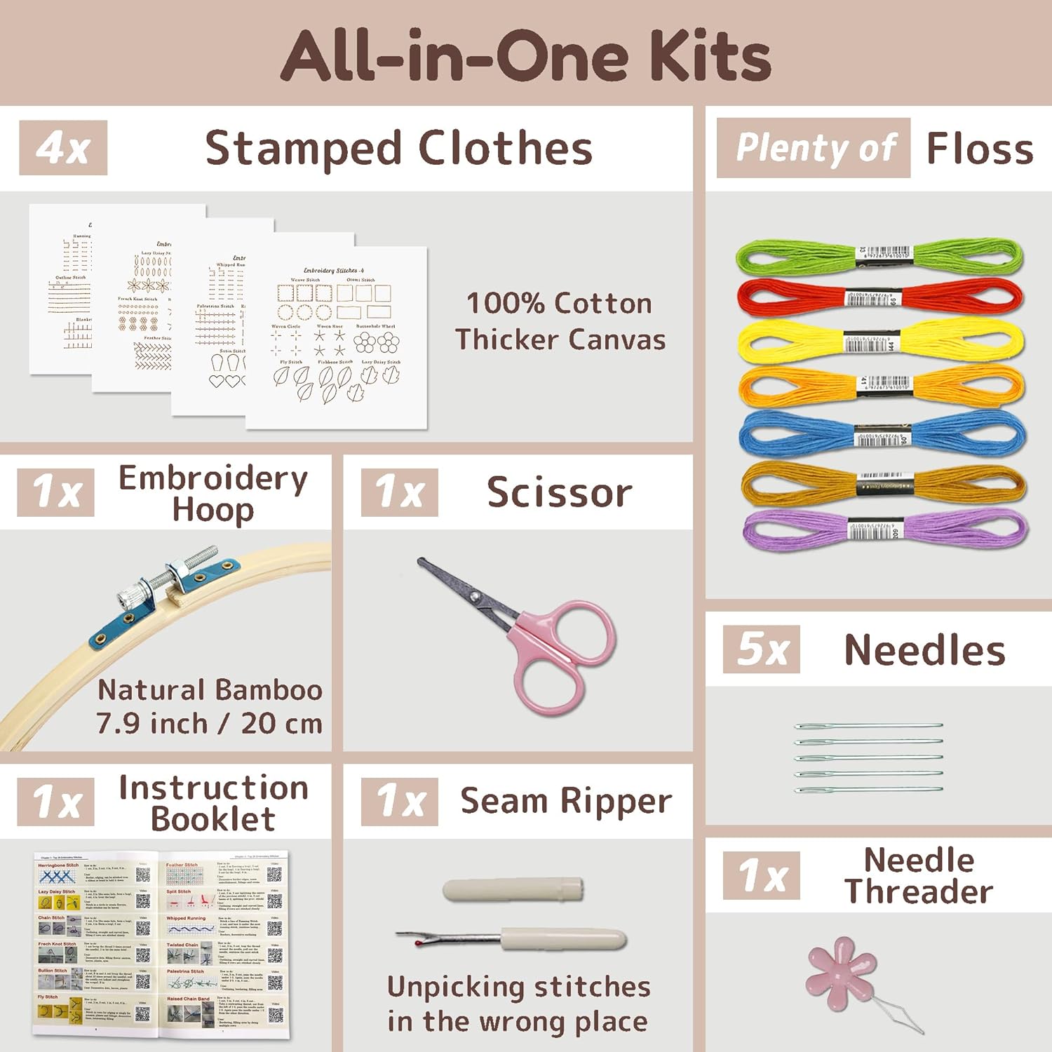 4 Pack Beginner Embroidery Kit for Adults, Hand Embroidery Kit for Kids Freeasyfar
