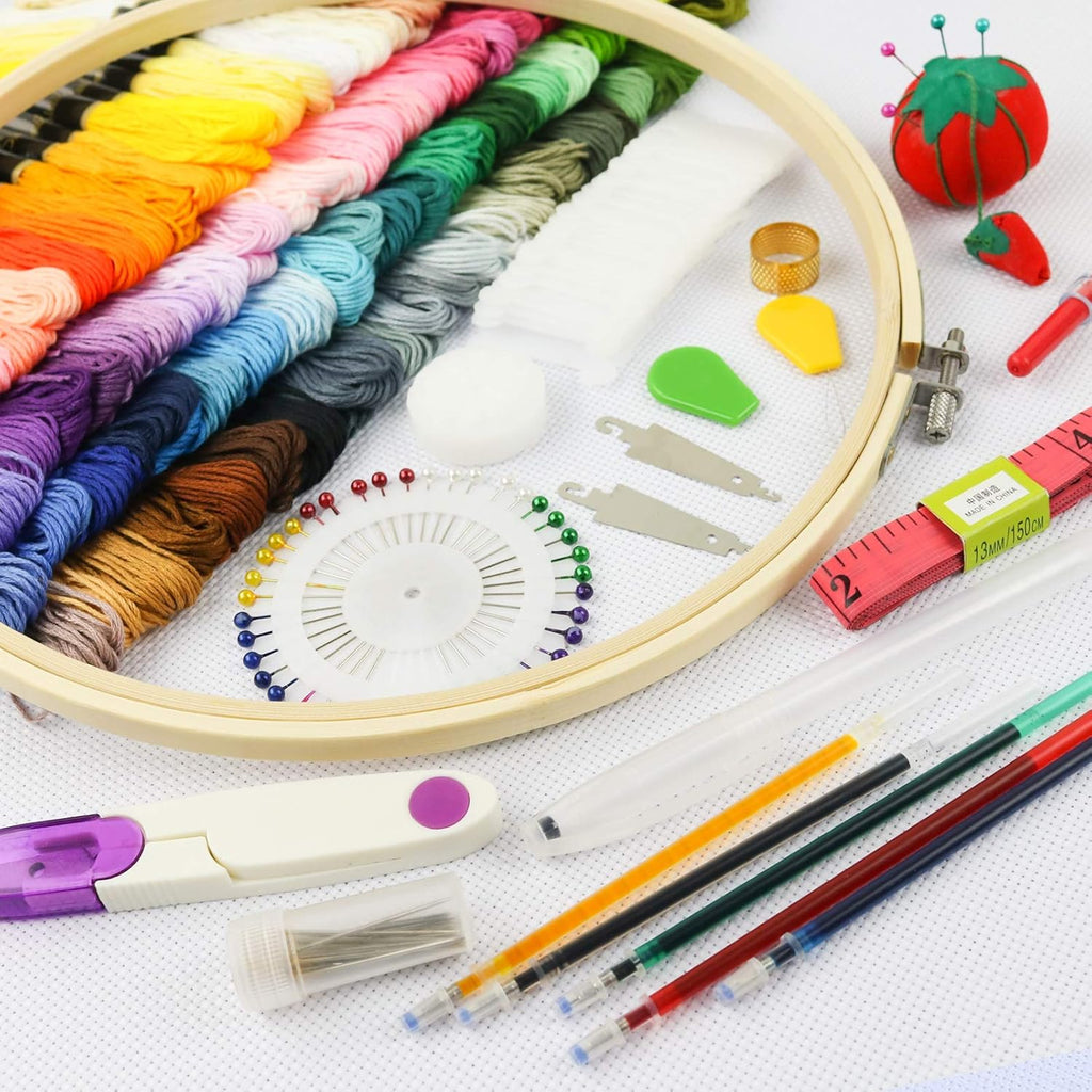 Embroidery Kit 215 Pcs,100 Colors Threads,5 Pcs Embroidery Hoops,3 Pcs Aida Cloth,40 Sewing Pins, Cross Stitch Tools and Embroidery Starter Kit for Adults and Kids Beginners Freeasyfar