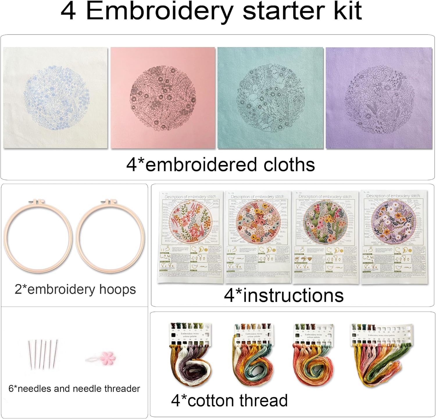 5 Pack Flower Embroidery Kit, Including 5 Sets of Patterned Embroidery Cloth, Rings, Needles,Embroidery Thread, Instructions and Other Tools Freeasyfar