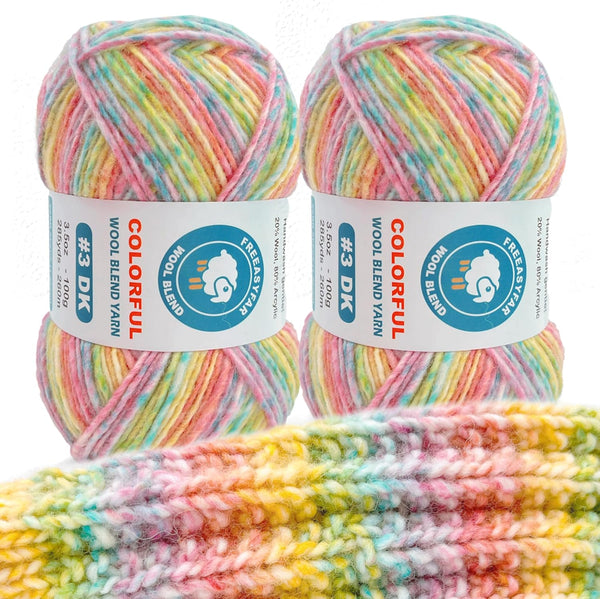 2 Pack Variegated Wool Blend Yarn, #3 DK, 20% Wool 80% Acrylic, , Single-Ply Wool Yarn Freeasyfar