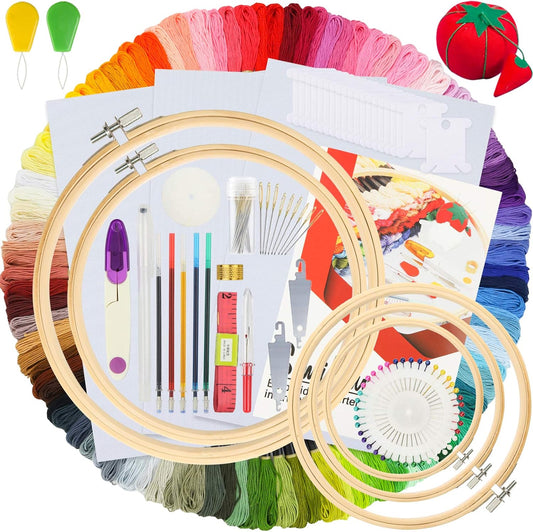 Embroidery Kit 215 Pcs,100 Colors Threads,5 Pcs Embroidery Hoops,3 Pcs Aida Cloth,40 Sewing Pins, Cross Stitch Tools and Embroidery Starter Kit for Adults and Kids Beginners Freeasyfar
