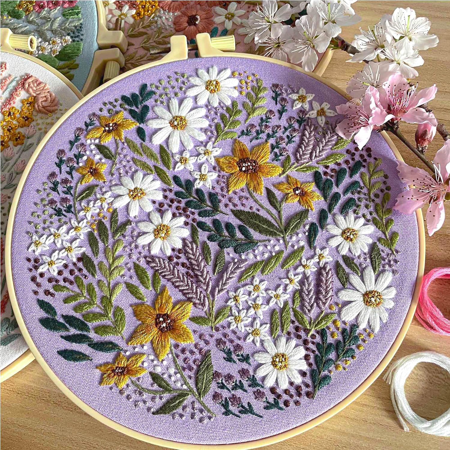 5 Pack Flower Embroidery Kit, Including 5 Sets of Patterned Embroidery Cloth, Rings, Needles,Embroidery Thread, Instructions and Other Tools Freeasyfar