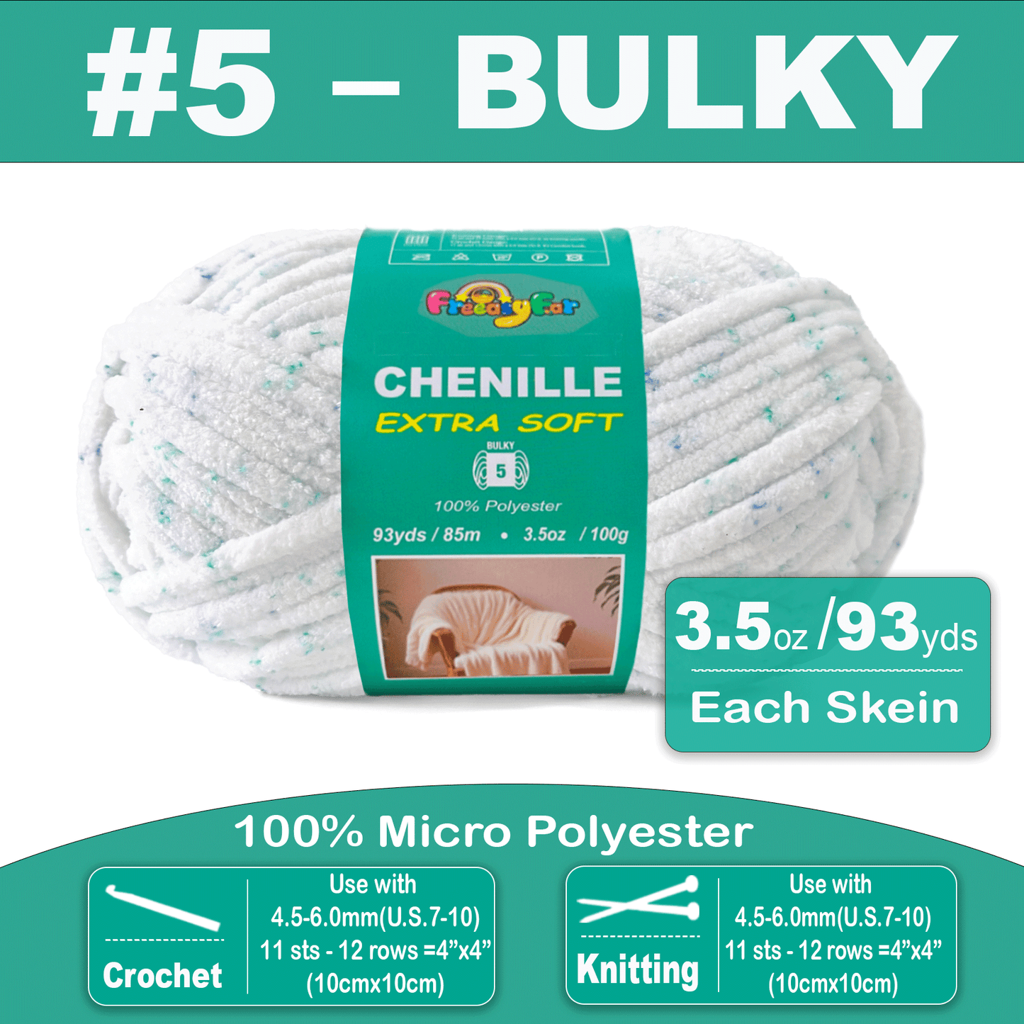 Super Soft and Cozy Chenille Yarn for Crocheting and Knitting -Easy to Crochet with-#5 Bulky-3.5oz/93yds Each Skein-Chunky Plush Yarn for Hand Craft Blanket Ammigurumi-Arctic Mist