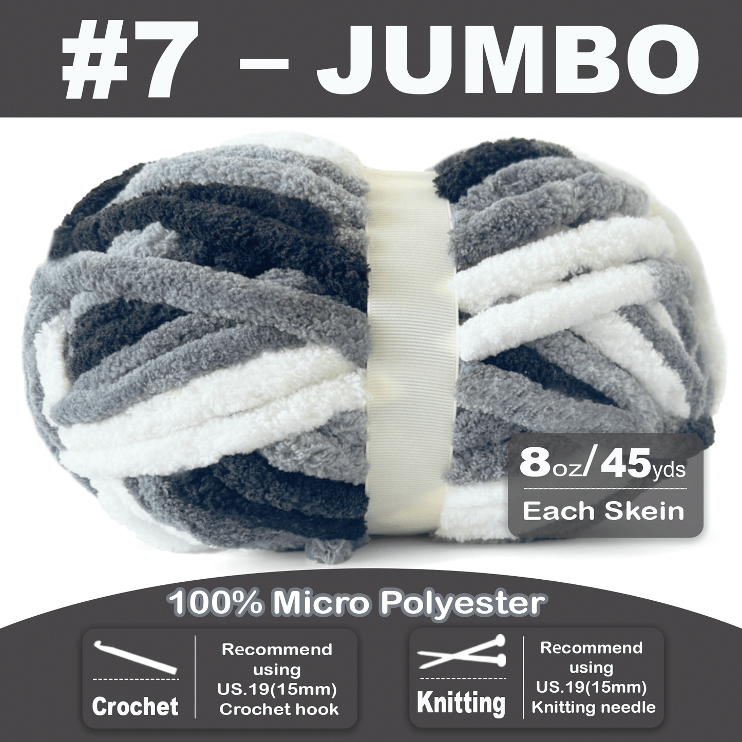 Chunky Chenille Yarn for Crocheting - Bulky Fluffy Yarn for Knitting -100% Polyester -Jumbo 7-45 yds/8.8 oz Each Skein-Grey Marble