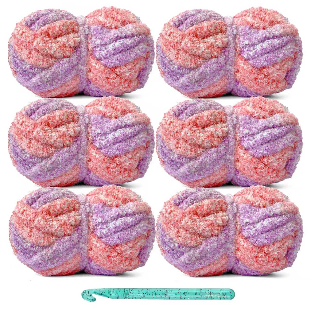 6-Pack Jumbo Chenille Yarn for Crocheting and Hand-Knitting, Crochet Hook included, Total 42 oz/150 yards