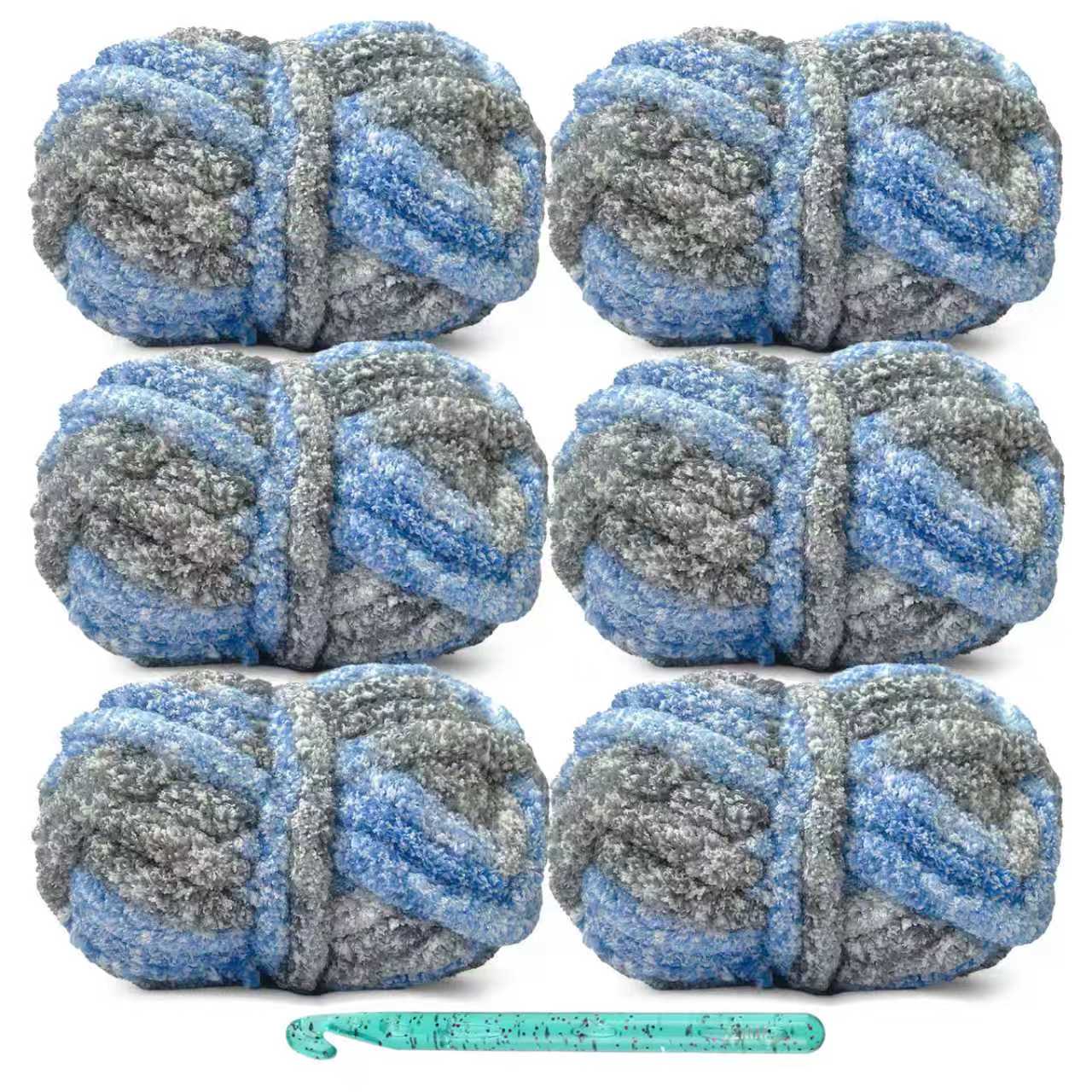 6-Pack Jumbo Chenille Yarn for Crocheting and Hand-Knitting, Crochet Hook included, Total 42 oz/150 yards