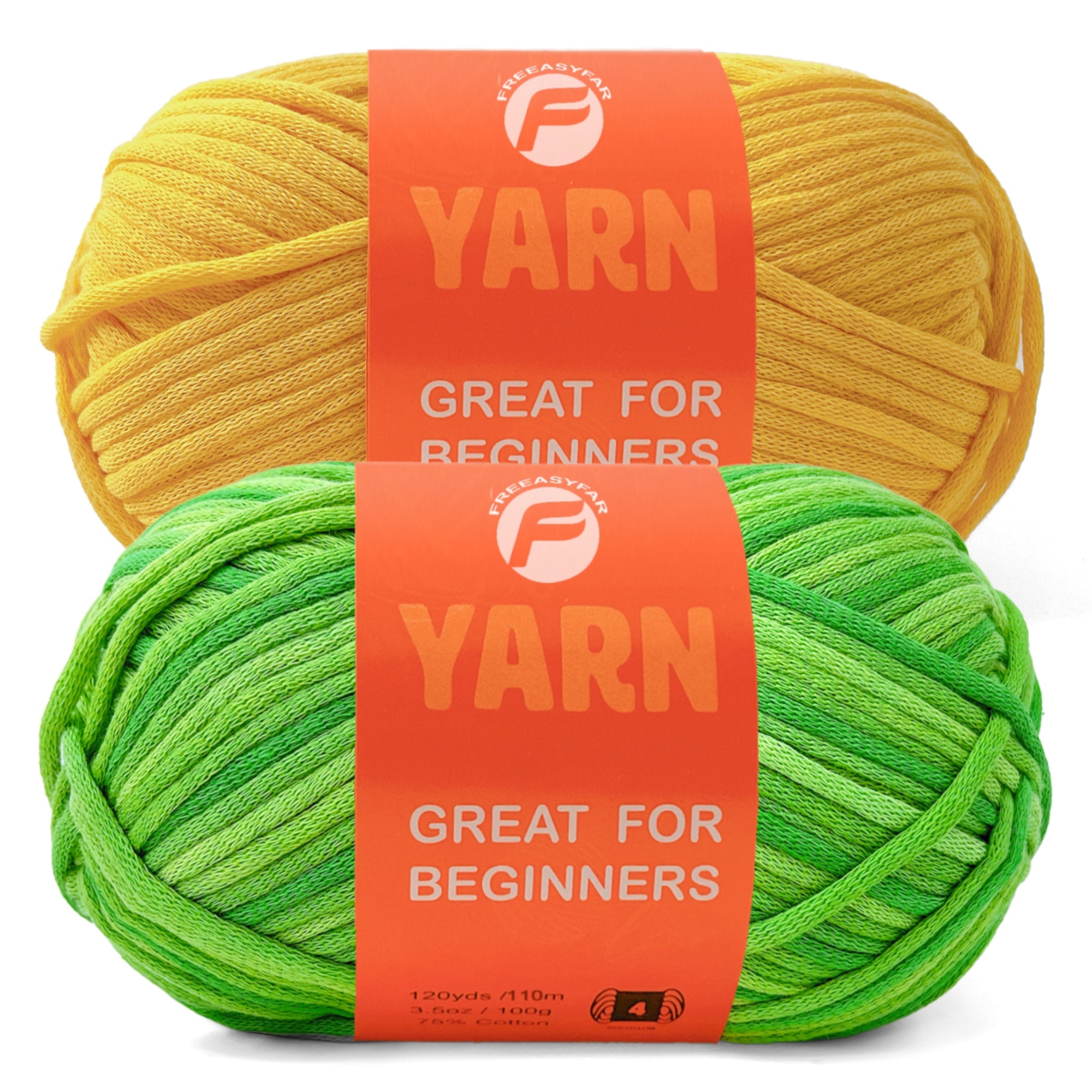 2 Pack Beginner Easy Yarn for Crocheting and Knitting; 2x120 yds Cotton Yarn for Beginner with Easy-to-See Stitches; Medium #4(Yellow+Lawngreen) Freeasyfar