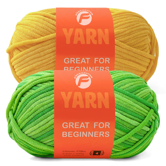 2 Pack Beginner Easy Yarn for Crocheting and Knitting; 2x120 yds Cotton Yarn for Beginner with Easy-to-See Stitches; Medium #4(Yellow+Lawngreen)