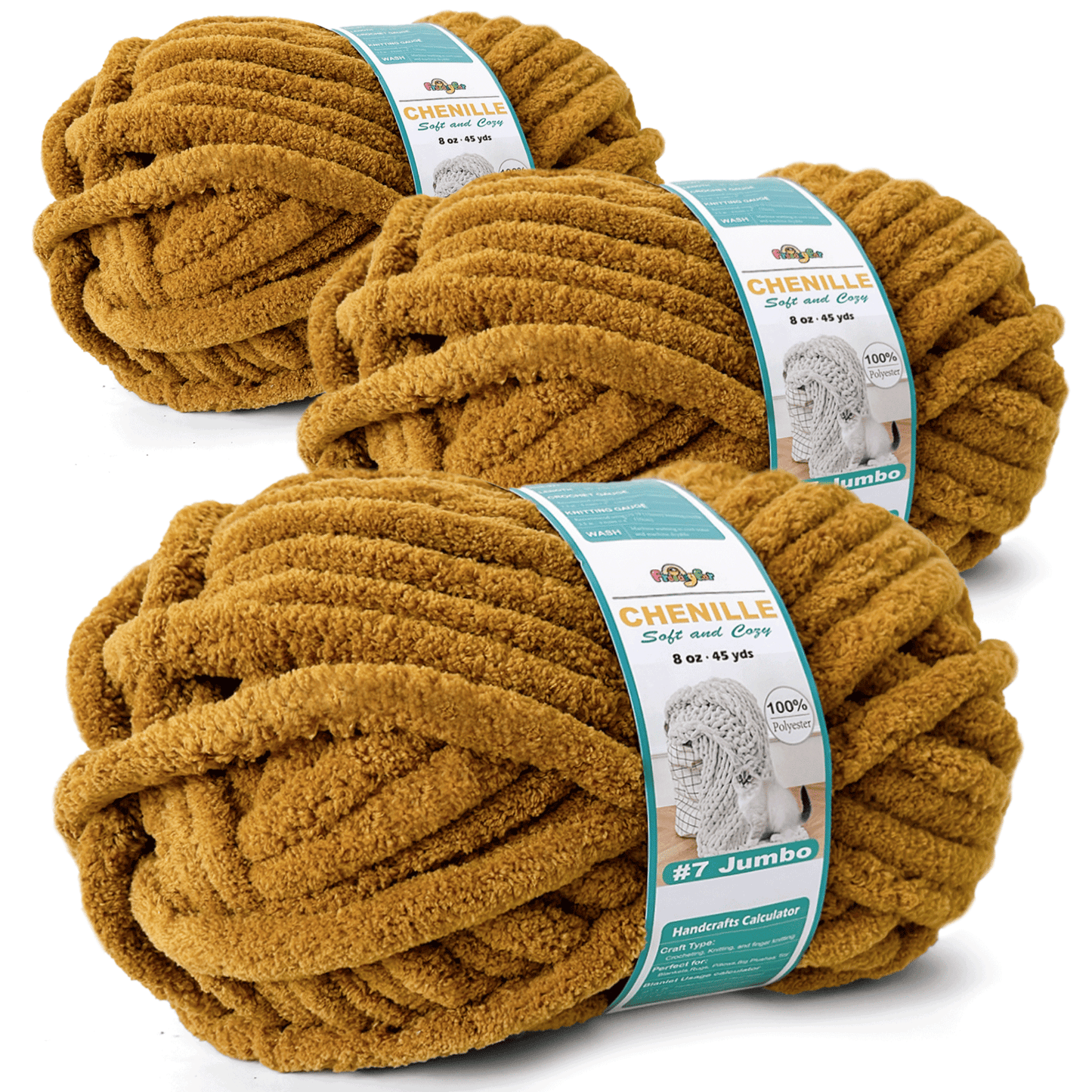 Chunky Chenille Yarn for Crocheting - Bulky Fluffy Yarn for Knitting -100% Polyester -Jumbo 7-45 yds/8.8 oz Each Skein-Mustard Brown