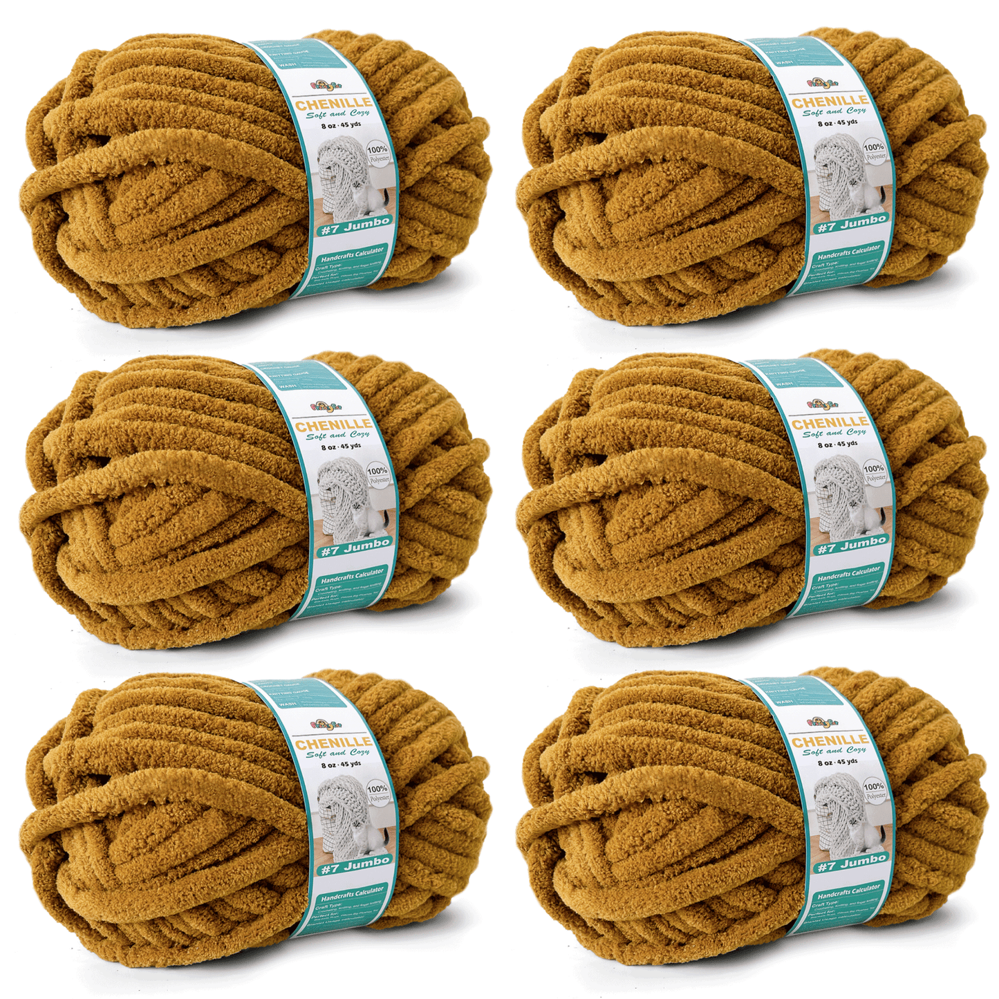 Chunky Chenille Yarn for Crocheting - Bulky Fluffy Yarn for Knitting -100% Polyester -Jumbo 7-45 yds/8.8 oz Each Skein-Mustard Brown