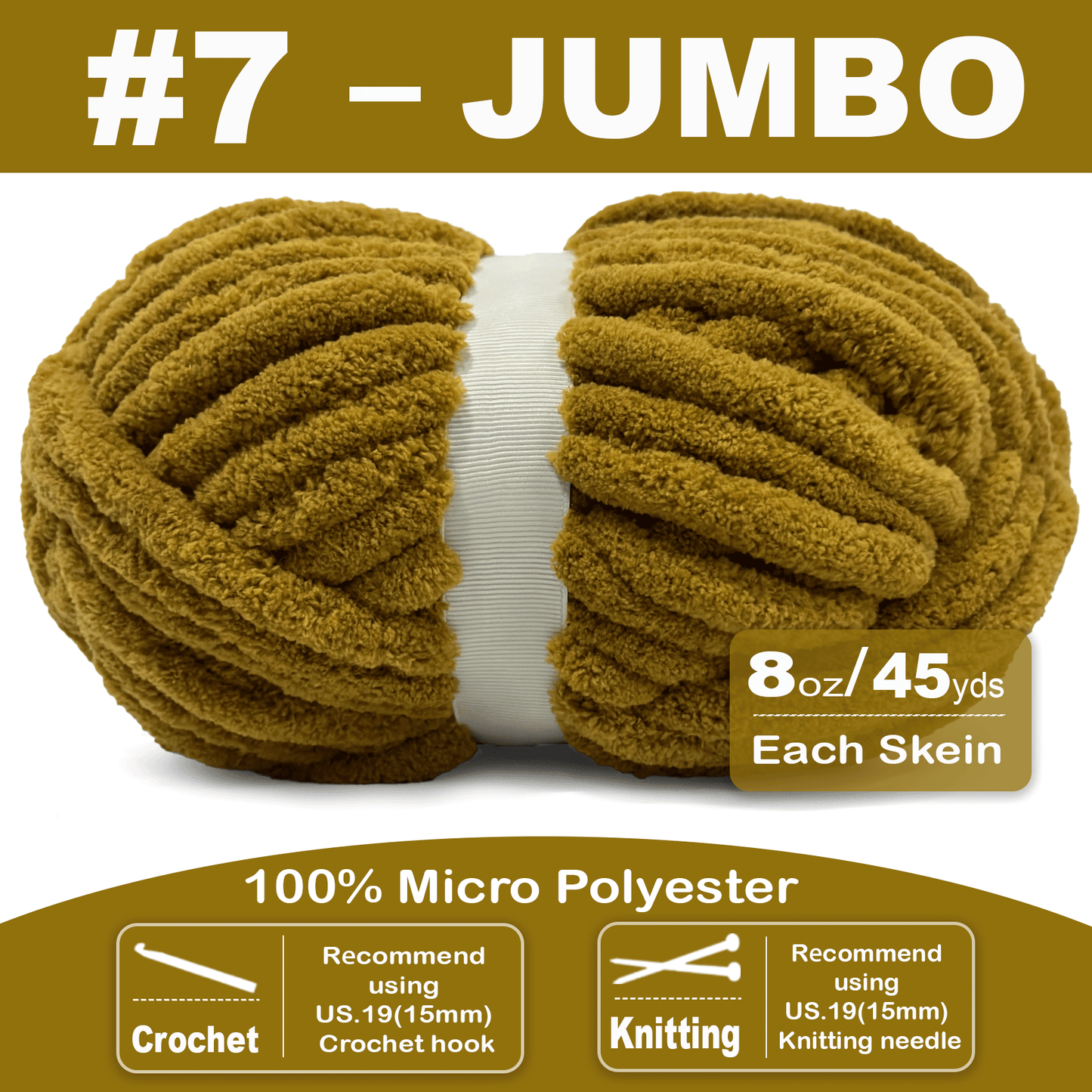 Chunky Chenille Yarn for Crocheting - Bulky Fluffy Yarn for Knitting -100% Polyester -Jumbo 7-45 yds/8.8 oz Each Skein-Mustard Brown