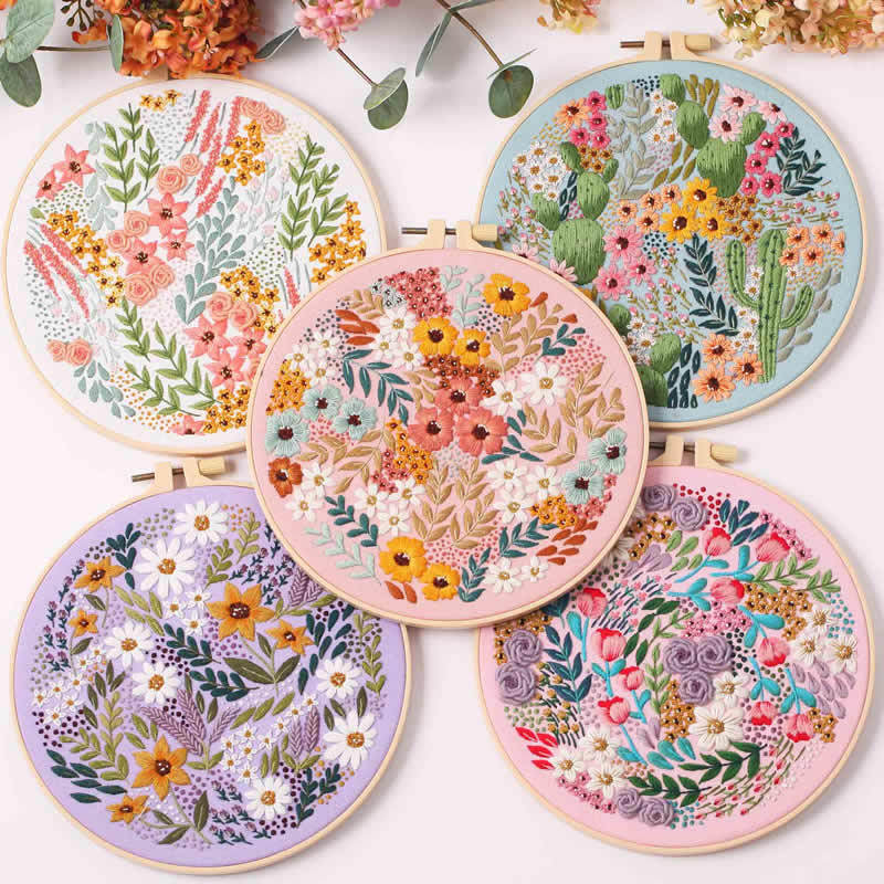 5 Pack Flower Embroidery Kit, Including 5 Sets of Patterned Embroidery Cloth, Rings, Needles,Embroidery Thread, Instructions and Other Tools Freeasyfar