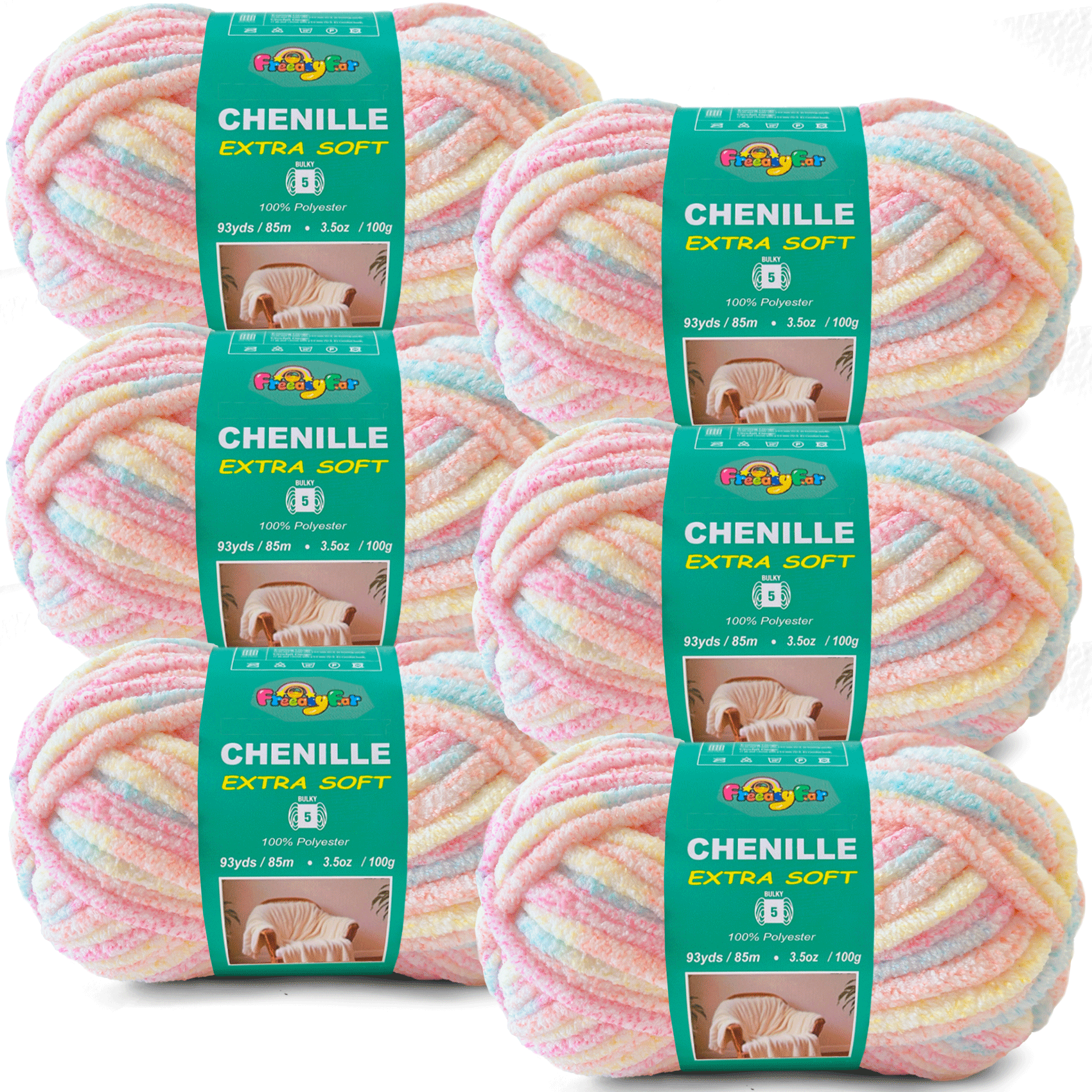 Variegated Chenille Yarn for Crocheting and Knitting - #5 Bulky-3.5oz/93yds Each Skein-Super Soft -Pastel Freeasyfar