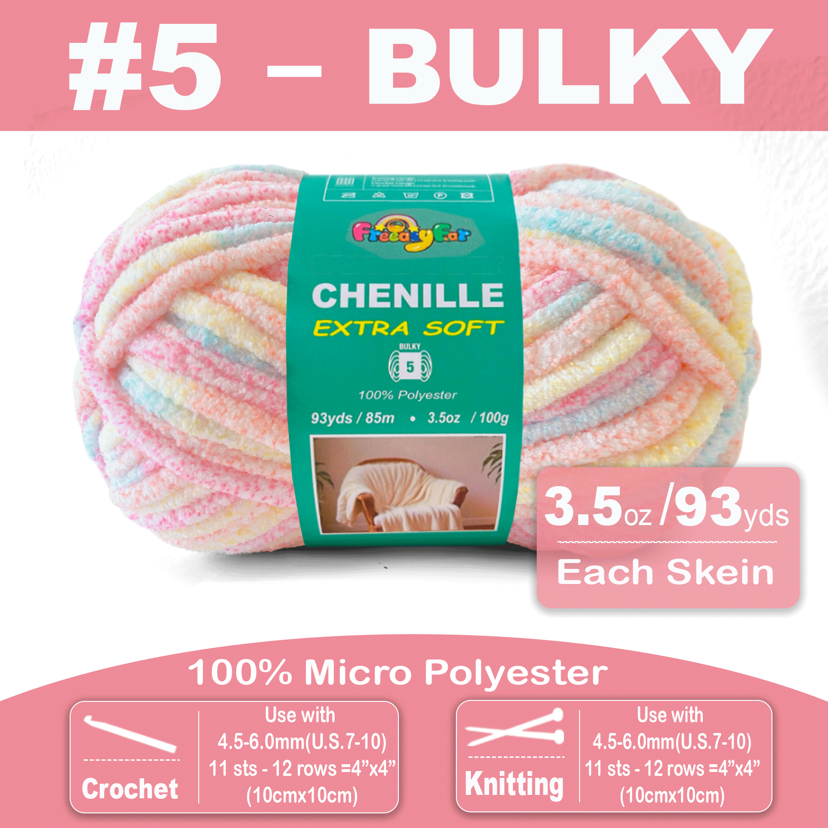 Variegated Chenille Yarn for Crocheting and Knitting - #5 Bulky-3.5oz/93yds Each Skein-Super Soft -Pastel Freeasyfar