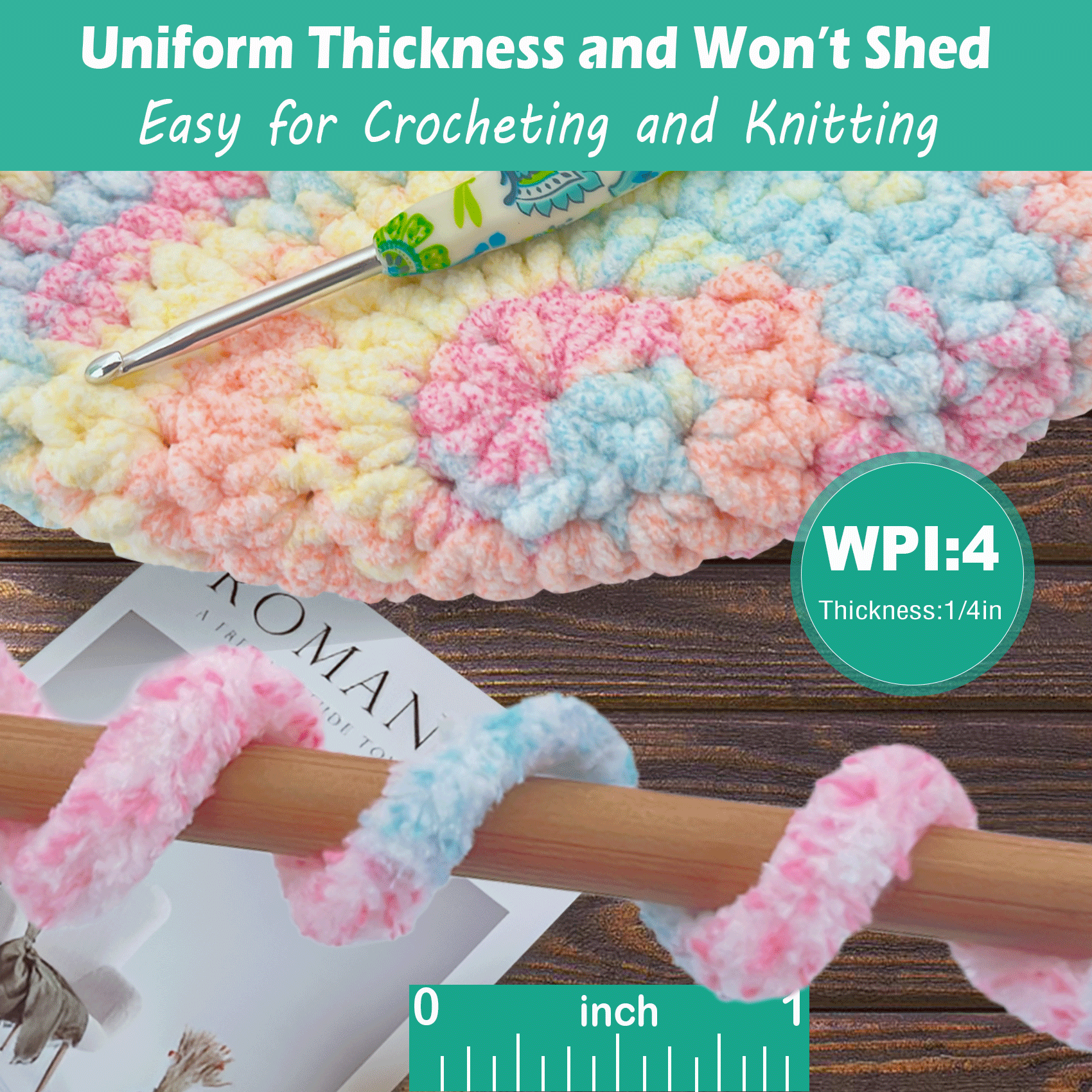 Variegated Chenille Yarn for Crocheting and Knitting - #5 Bulky-3.5oz/93yds Each Skein-Super Soft -Pastel Freeasyfar