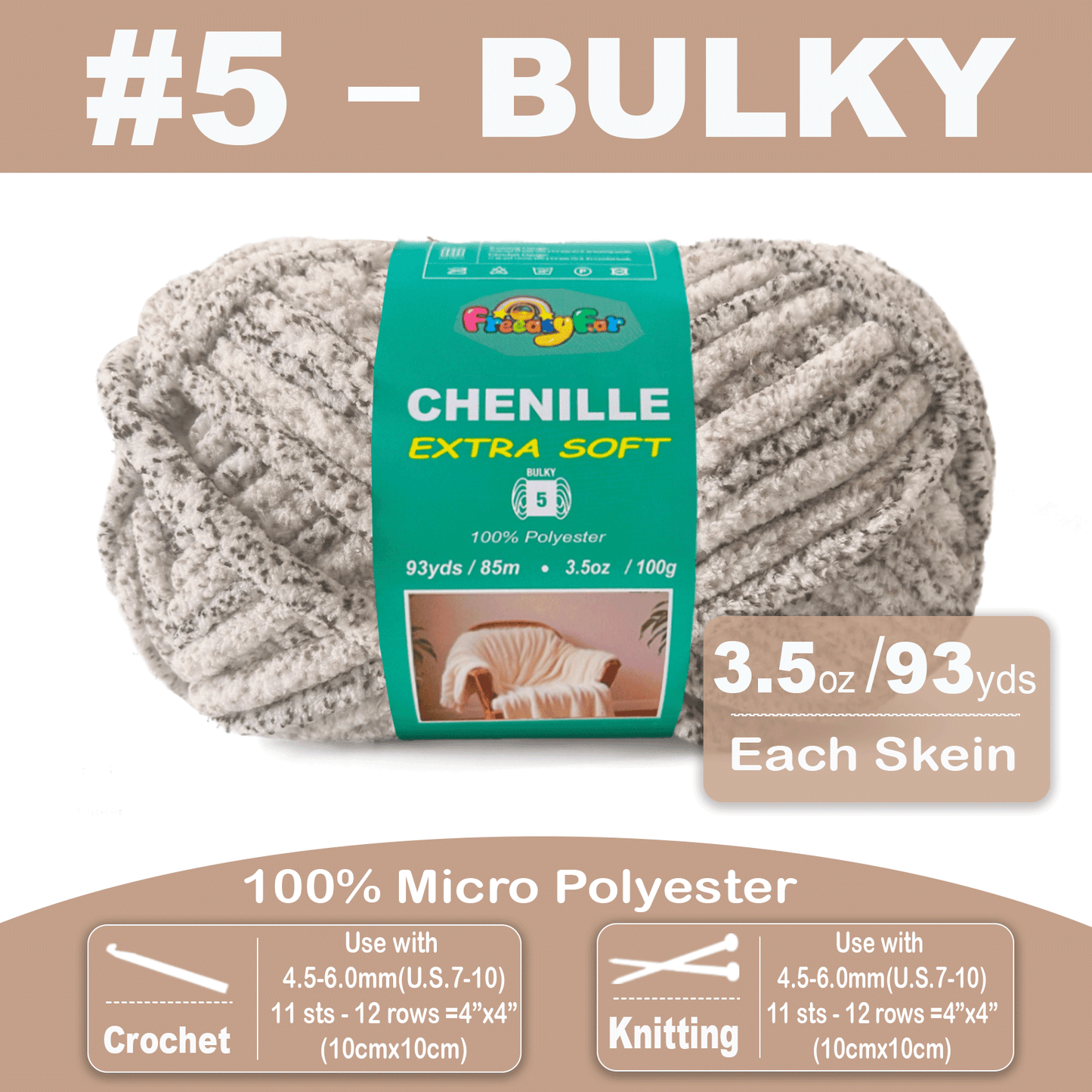 Super Soft and Cozy Chenille Yarn for Crocheting and Knitting -Easy to Crochet with-#5 Bulky-3.5oz/93yds Each Skein-Chunky Plush Yarn for Hand Craft Blanket Ammigurumi-Beige