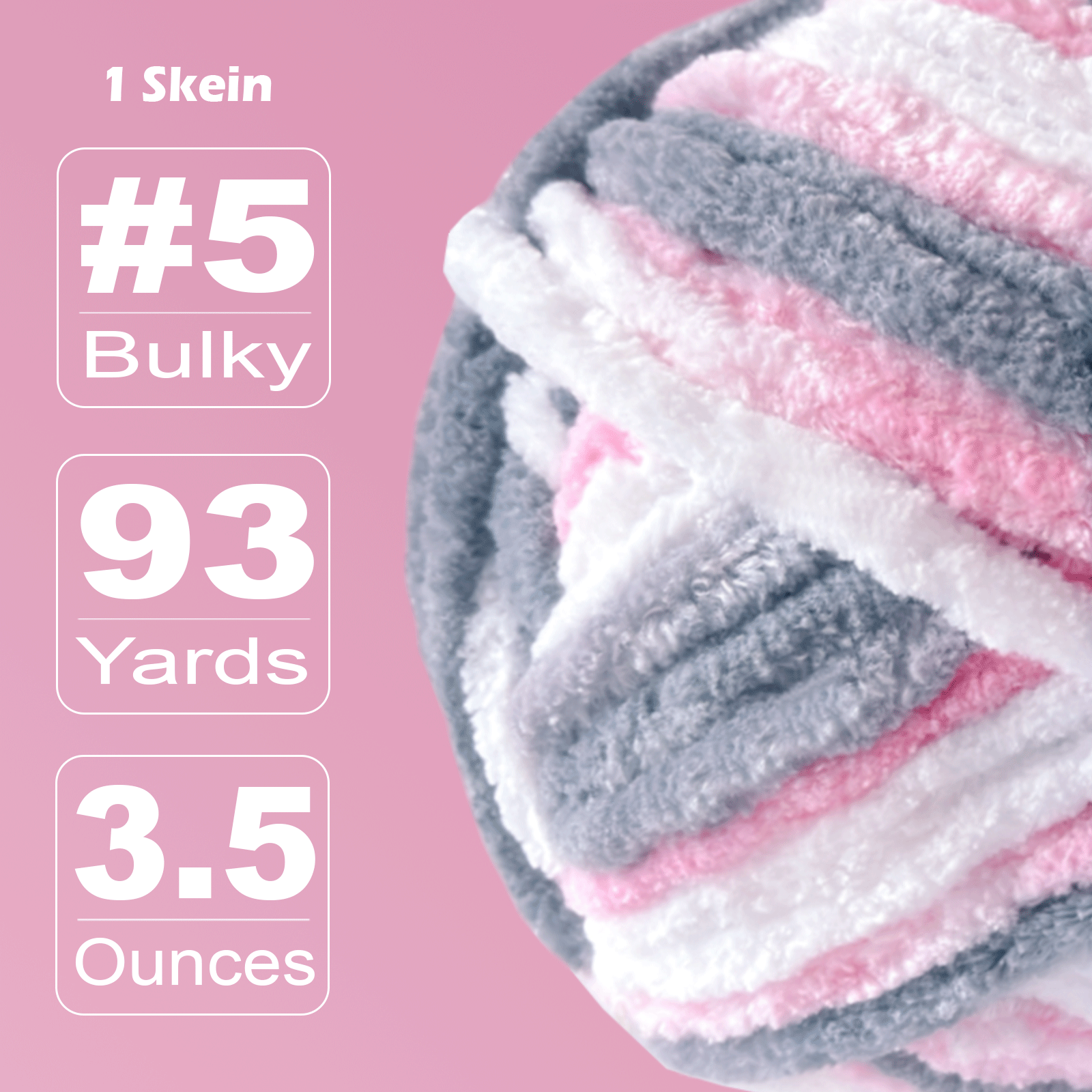 Pink Gray Velvet Chenille Yarn for Crocheting and Knitting – Bulky (93 Yards/100g), Extra Soft Plush Yarn Freeasyfar