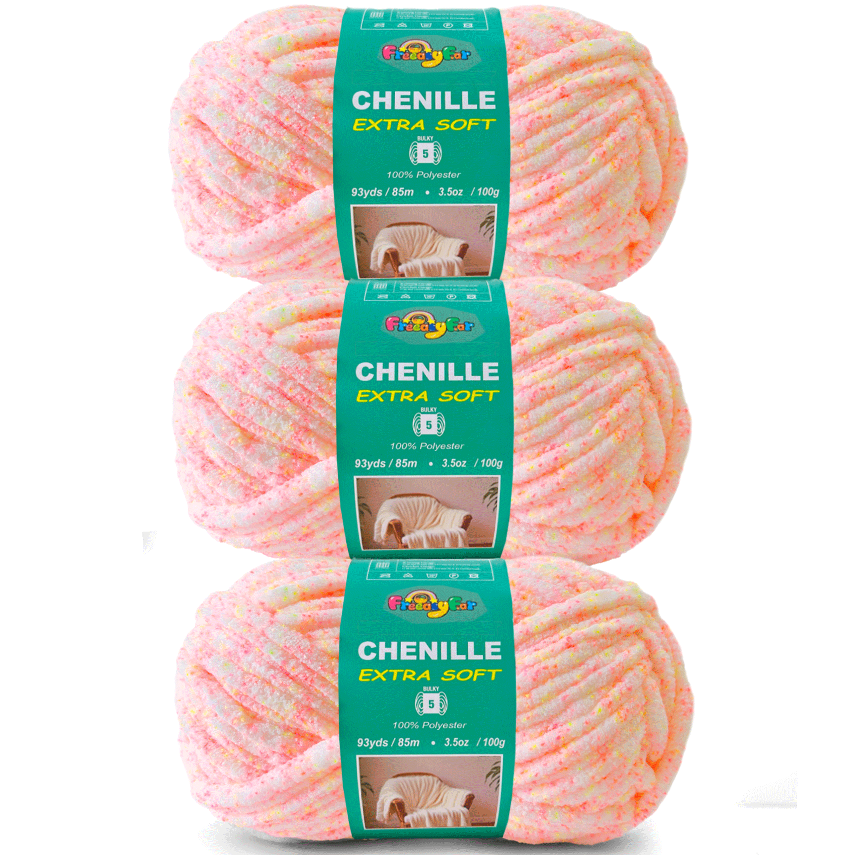 Variegated Chenille Yarn for Crocheting and Knitting - #5 Bulky-3.5oz/93yds Each Skein - Pink Sherbet Freeasyfar