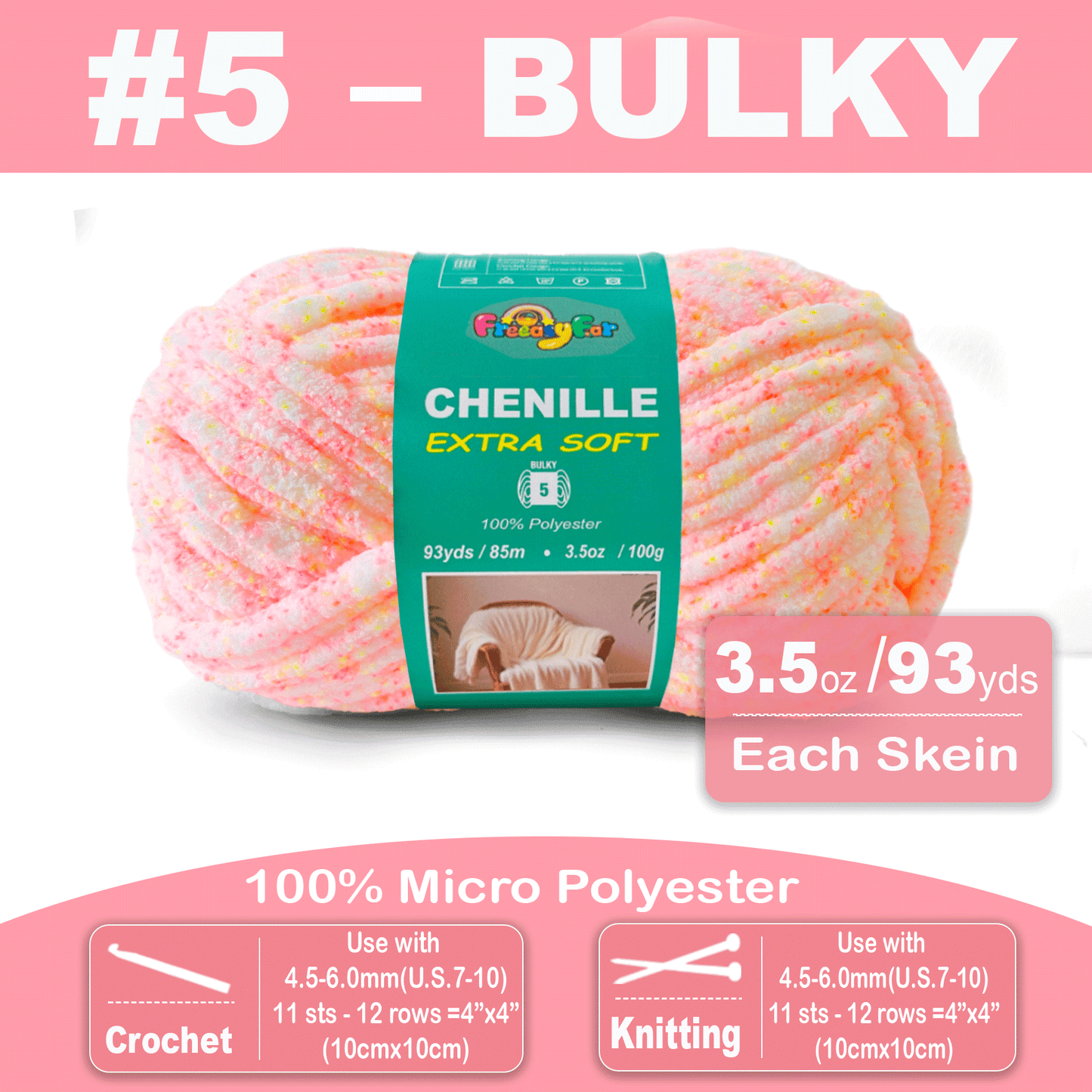 Super Soft and Cozy Chenille Yarn for Crocheting and Knitting -Easy to Crochet with-#5 Bulky-3.5oz/93yds Each Skein-Chunky Plush Yarn for Hand Craft Blanket Ammigurumi-Pink Sherbet