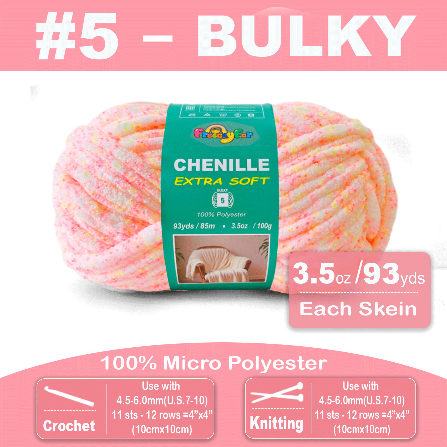 Variegated Chenille Yarn for Crocheting and Knitting - #5 Bulky-3.5oz/93yds Each Skein - Pink Sherbet Freeasyfar