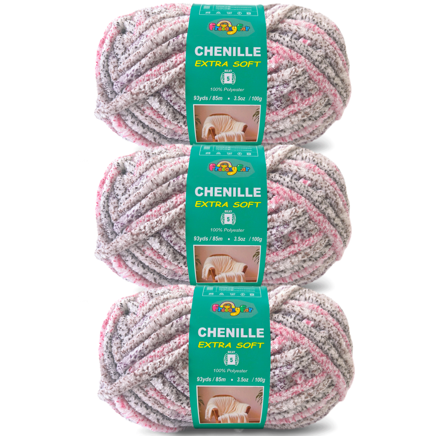 Variegared Chenille Yarn for Crocheting and Knitting - #5 Bulky-3.5oz/93yds Each Skein -Rose Grey Freeasyfar