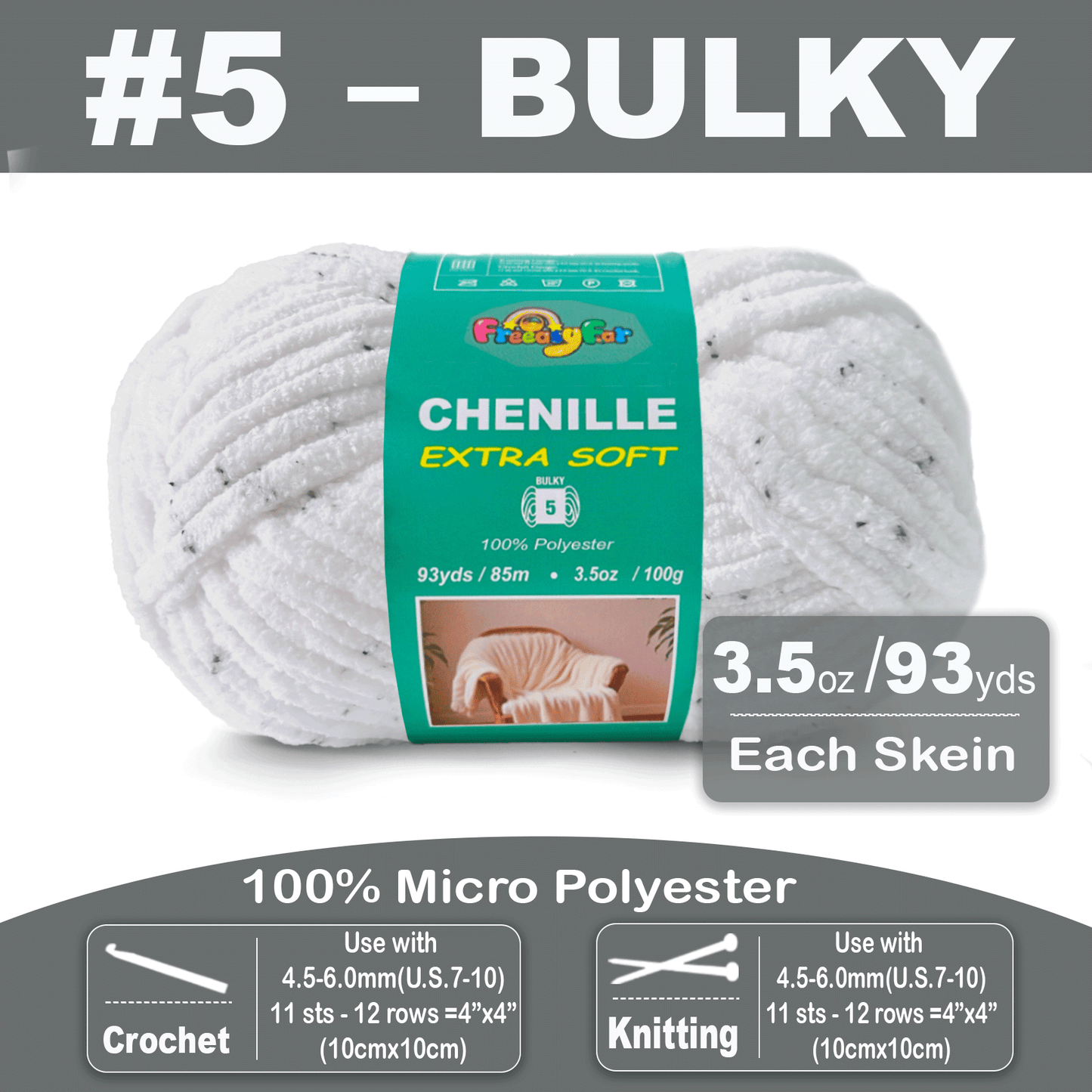 Super Soft and Cozy Chenille Yarn for Crocheting and Knitting -Easy to Crochet with-#5 Bulky-3.5oz/93yds Each Skein-Chunky Plush Yarn for Hand Craft Blanket Ammigurumi-Speckled Snow