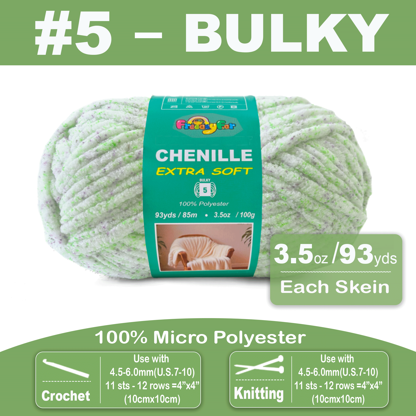 Variegared Chenille Yarn for Crocheting and Knitting - #5 Bulky-3.5oz/93yds Each Skein - Spring Meadow Freeasyfar