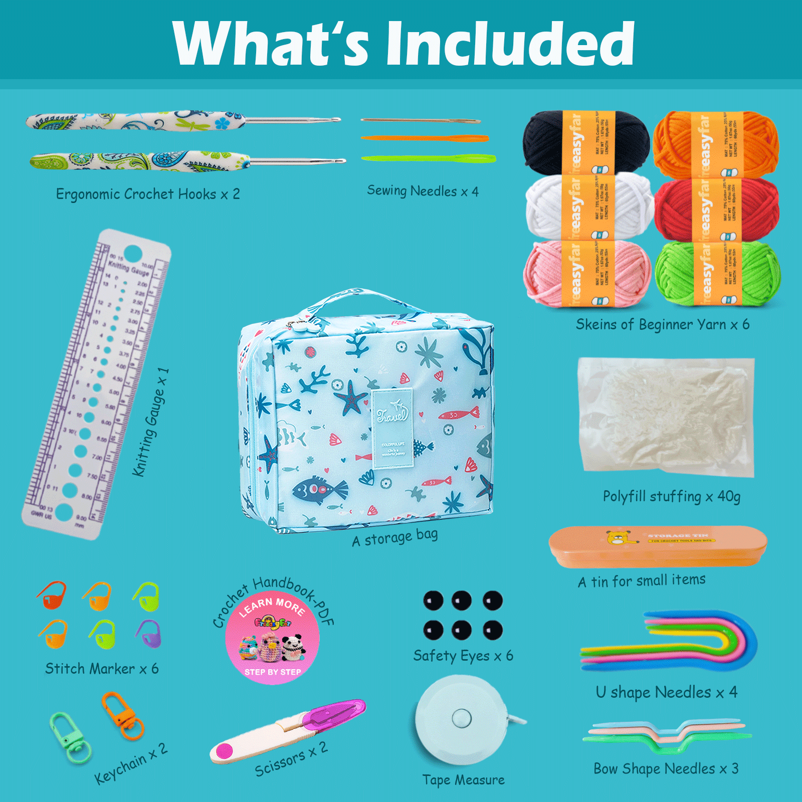 FREEASYFAR 40pcs Beginner Crochet Kit,600 Yards Beginner Easy Yarn,Ergonomic Crochet Hooks (4.0-4.5mm),Crochet Supplies,Step-by-Step Tutorial – All-in-One Kit for Beginners (C) Freeasyfar