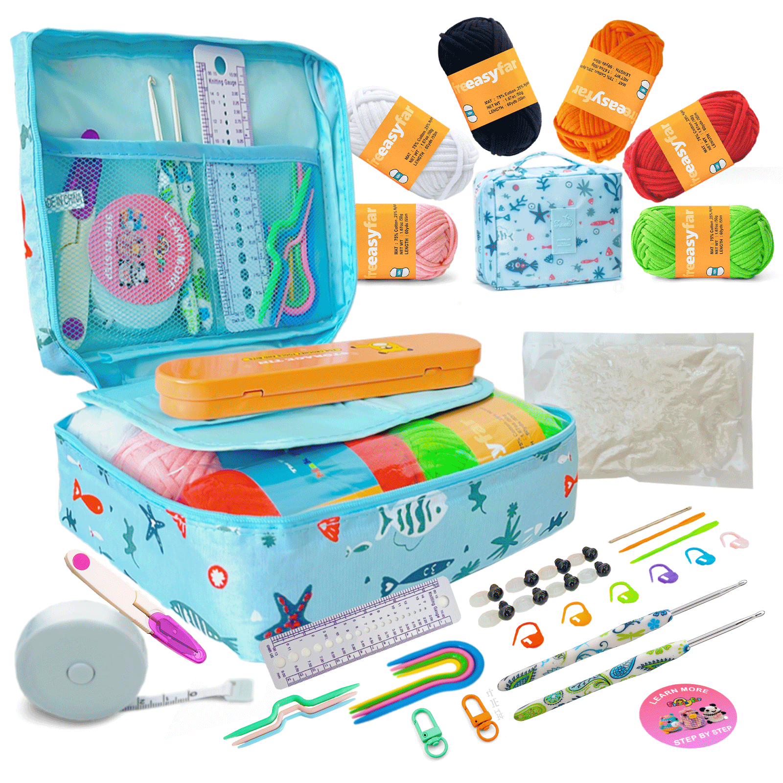 FREEASYFAR 40pcs Beginner Crochet Kit,600 Yards Beginner Easy Yarn,Ergonomic Crochet Hooks (4.0-4.5mm),Crochet Supplies,Step-by-Step Tutorial – All-in-One Kit for Beginners (C) Freeasyfar