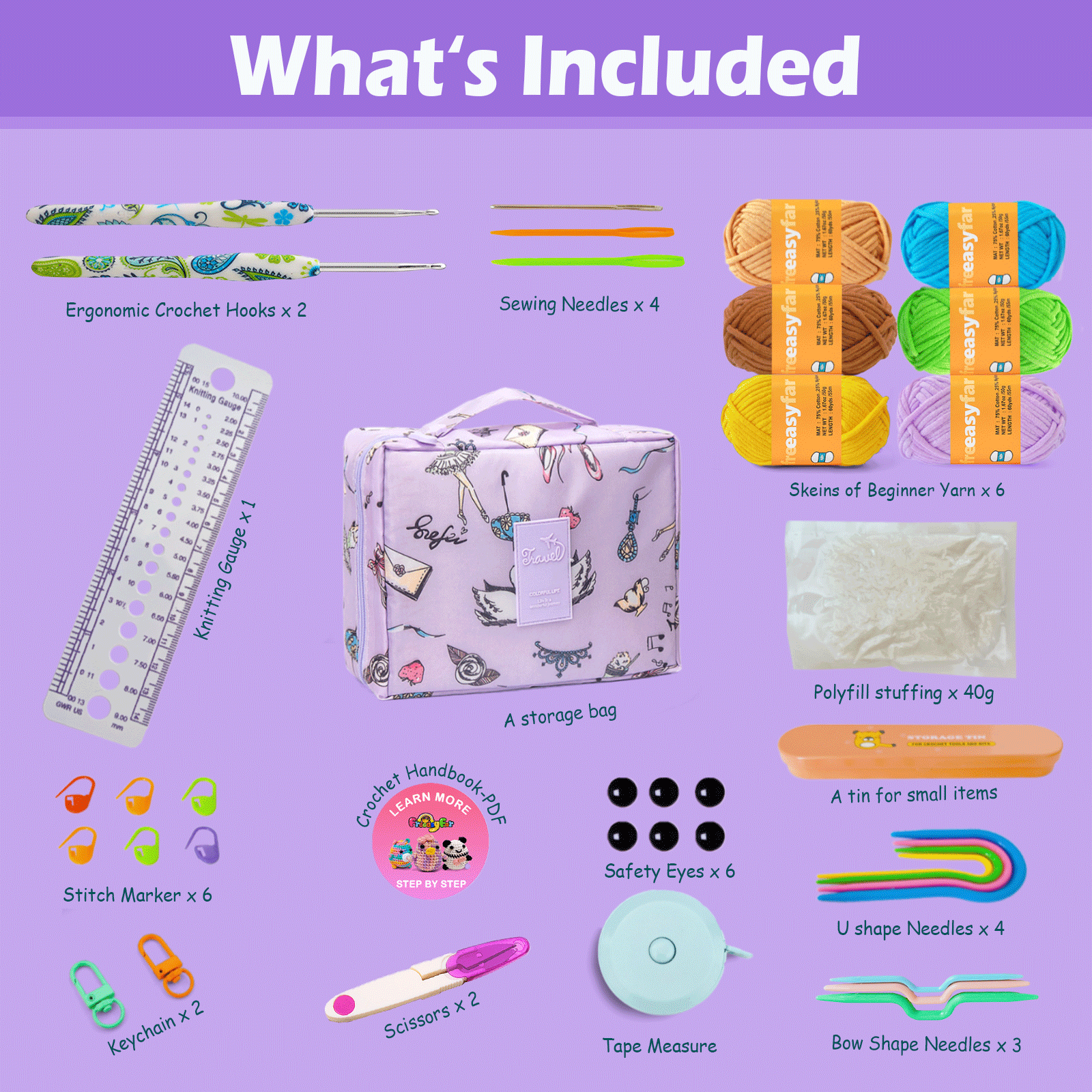 FREEASYFAR 40pcs Beginner Crochet Kit,600 Yards Beginner Easy Yarn,Ergonomic Crochet Hooks (4.0-4.5mm),Crochet Supplies,Step-by-Step Tutorial – All-in-One Kit for Beginners (B) Freeasyfar