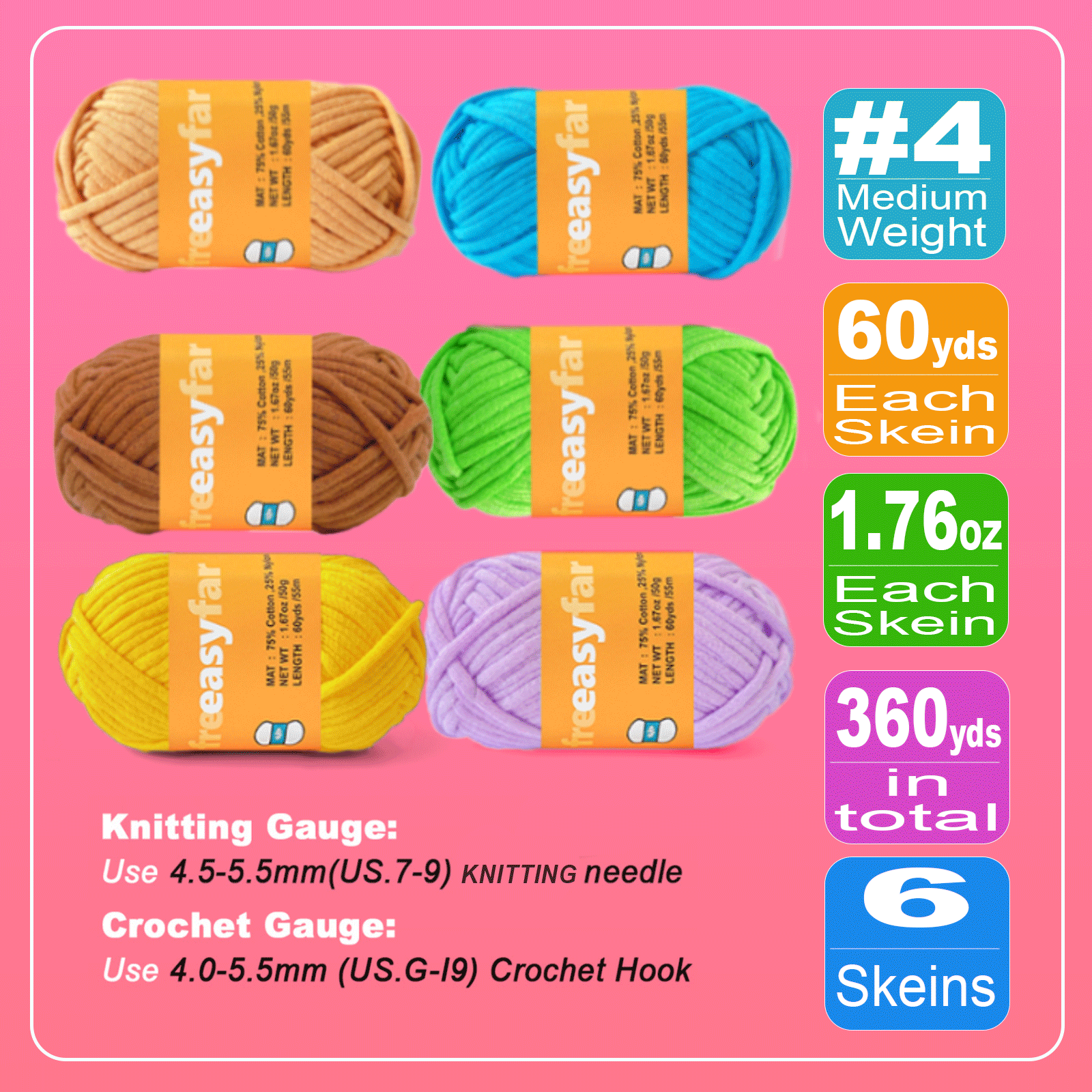 FREEASYFAR 40pcs Beginner Crochet Kit,600 Yards Beginner Easy Yarn,Ergonomic Crochet Hooks (4.0-4.5mm),Crochet Supplies,Step-by-Step Tutorial – All-in-One Kit for Beginners (B) Freeasyfar