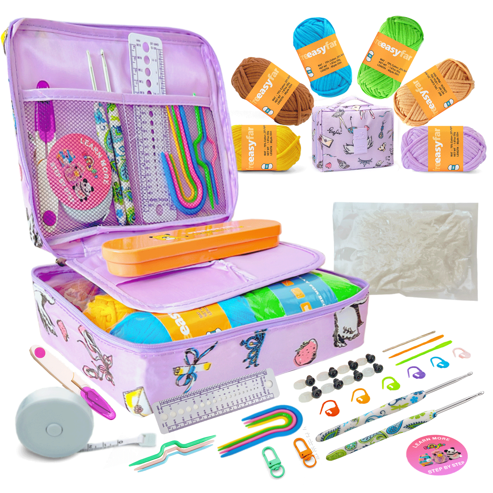 FREEASYFAR 40pcs Beginner Crochet Kit,600 Yards Beginner Easy Yarn,Ergonomic Crochet Hooks (4.0-4.5mm),Crochet Supplies,Step-by-Step Tutorial – All-in-One Kit for Beginners (B) Freeasyfar