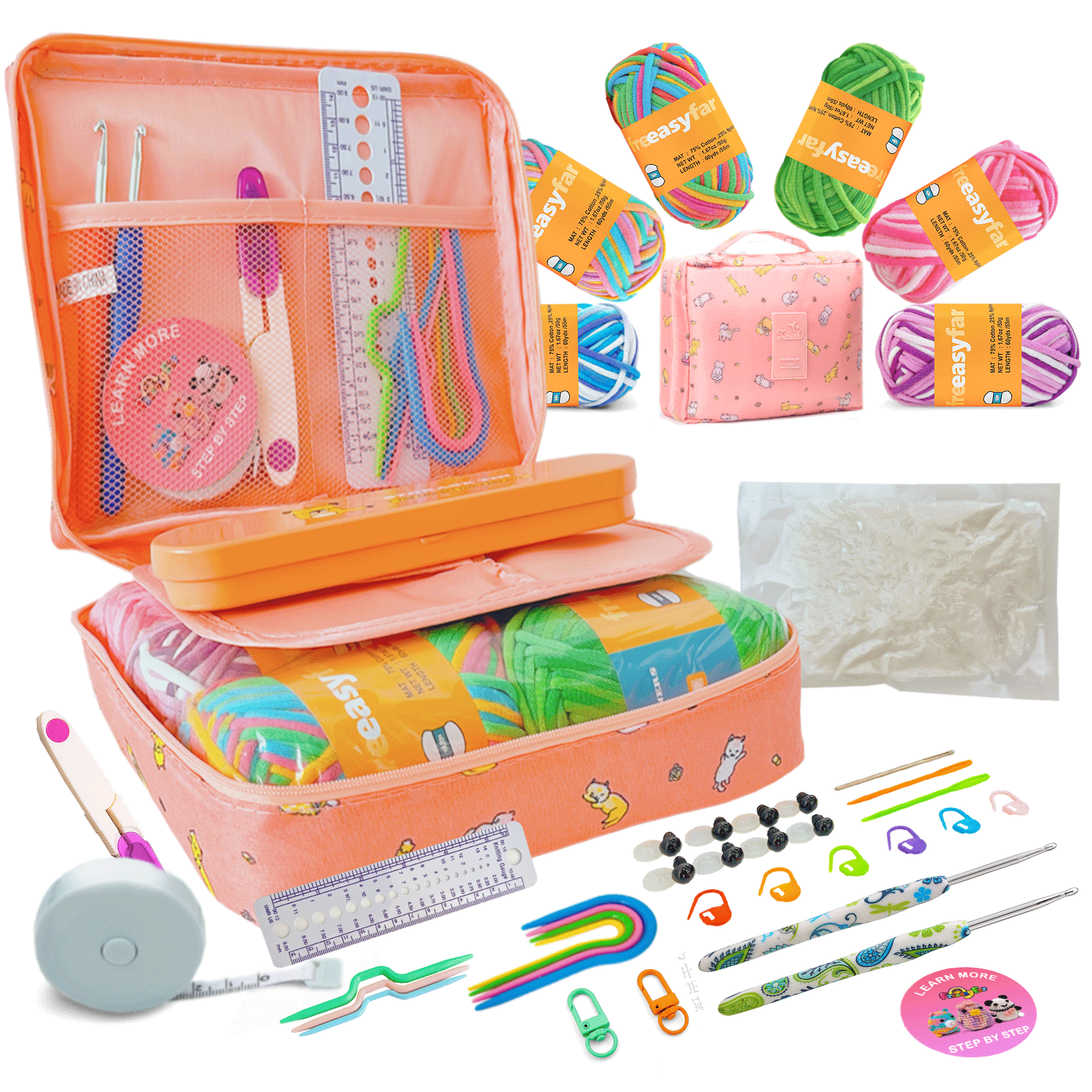 FREEASYFAR 40pcs Beginner Crochet Kit,600 Yards Beginner Easy Yarn,Ergonomic Crochet Hooks (4.0-4.5mm),Crochet Supplies,Step-by-Step Tutorial – All-in-One Kit for Beginners (A) Freeasyfar