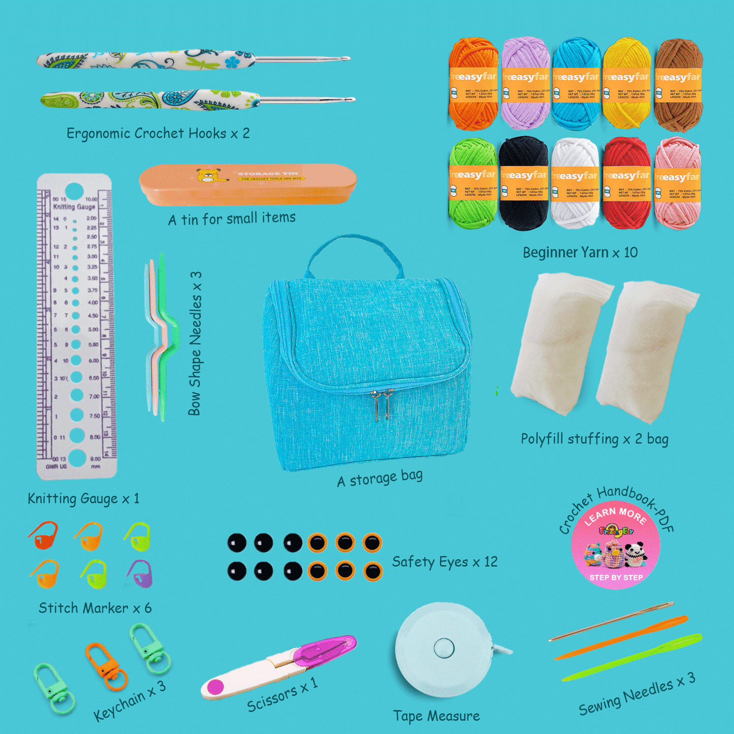 FREEASYFAR 47pcs Beginner Crochet Kit,600 Yards Beginner Easy Yarn,Ergonomic Crochet Hooks (4.0-4.5mm),Crochet Supplies,Step-by-Step Tutorial – All-in-One Kit for Beginners (Solid Color kit-Big)