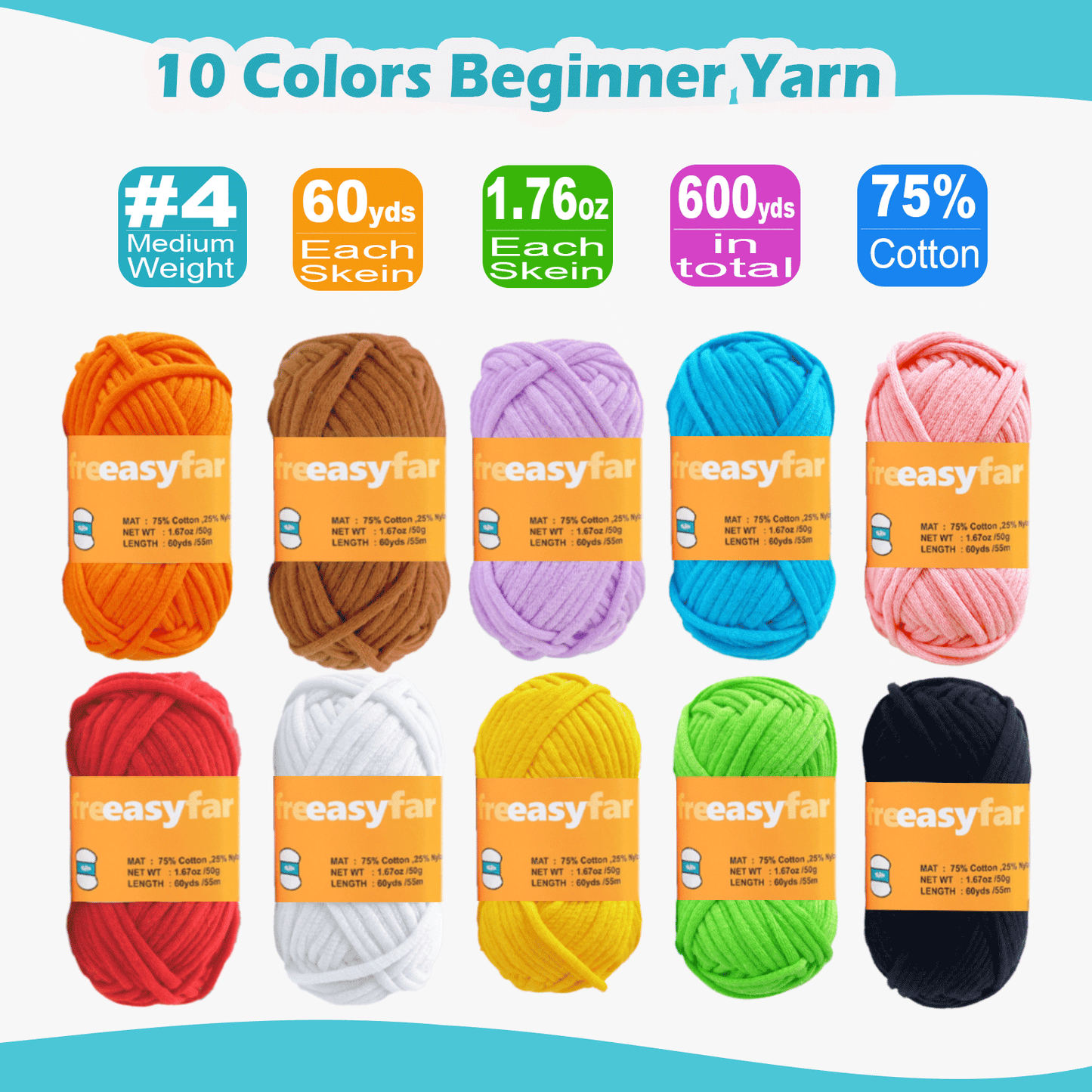 FREEASYFAR 47pcs Beginner Crochet Kit,600 Yards Beginner Easy Yarn,Ergonomic Crochet Hooks (4.0-4.5mm),Crochet Supplies,Step-by-Step Tutorial – All-in-One Kit for Beginners (Solid Color kit-Big)