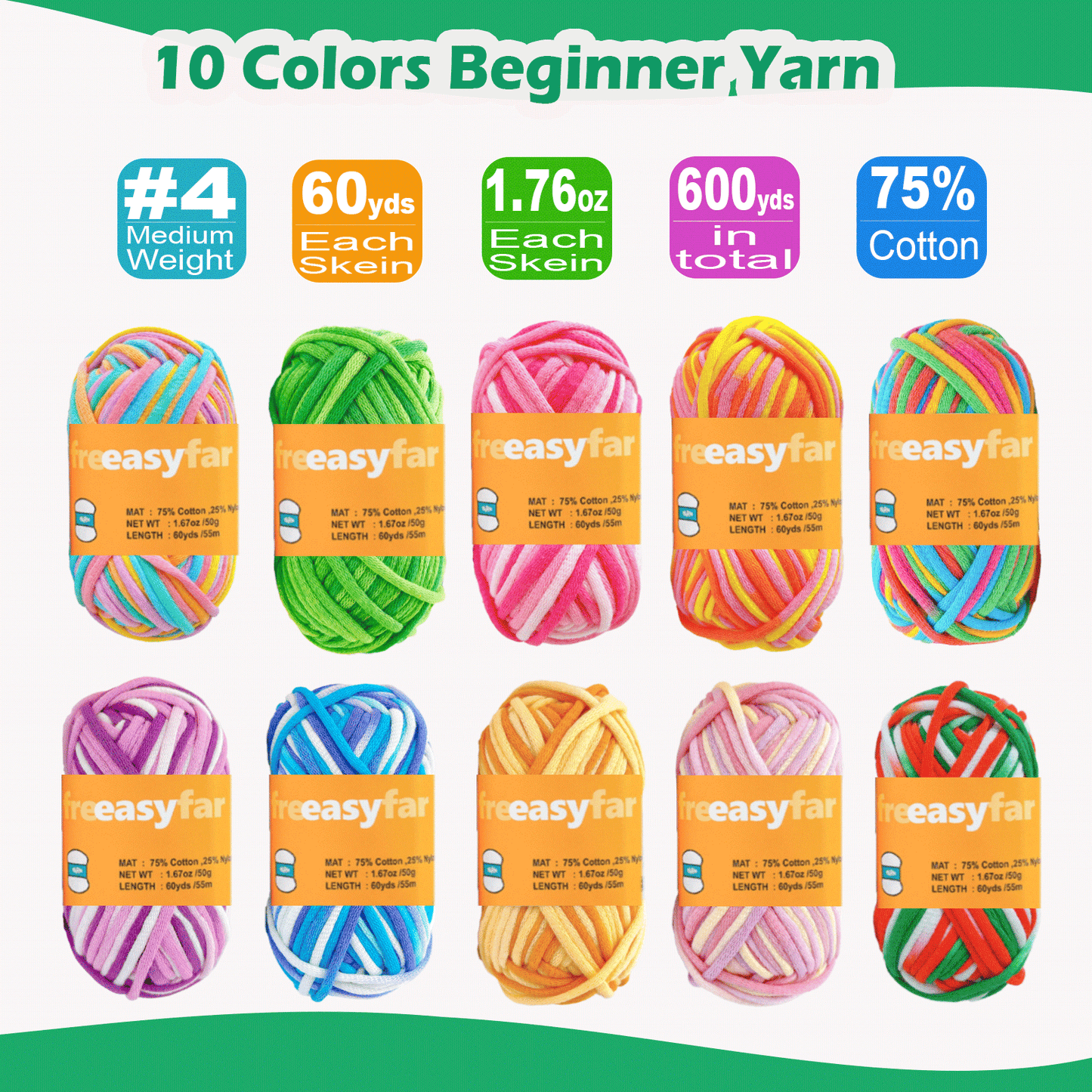 FREEASYFAR 47pcs Beginner Crochet Kit,600 Yards Beginner Easy Yarn,Ergonomic Crochet Hooks (4.0-4.5mm),Crochet Supplies,Step-by-Step Tutorial – All-in-One Kit for Beginners (Multi-Color-Big)